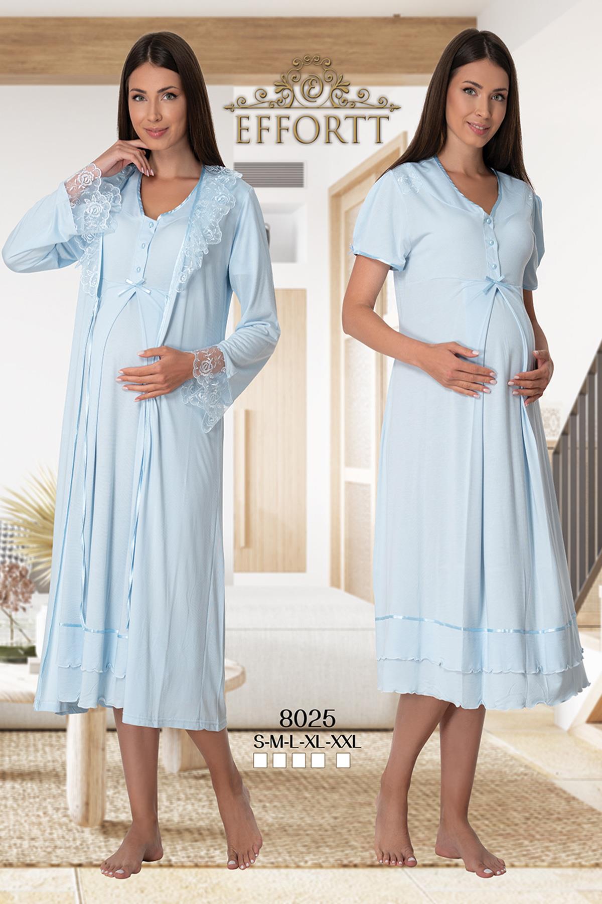 Effortt 8025 Baby Blue Lace Detailed Maternity Nightgown and Robe Set