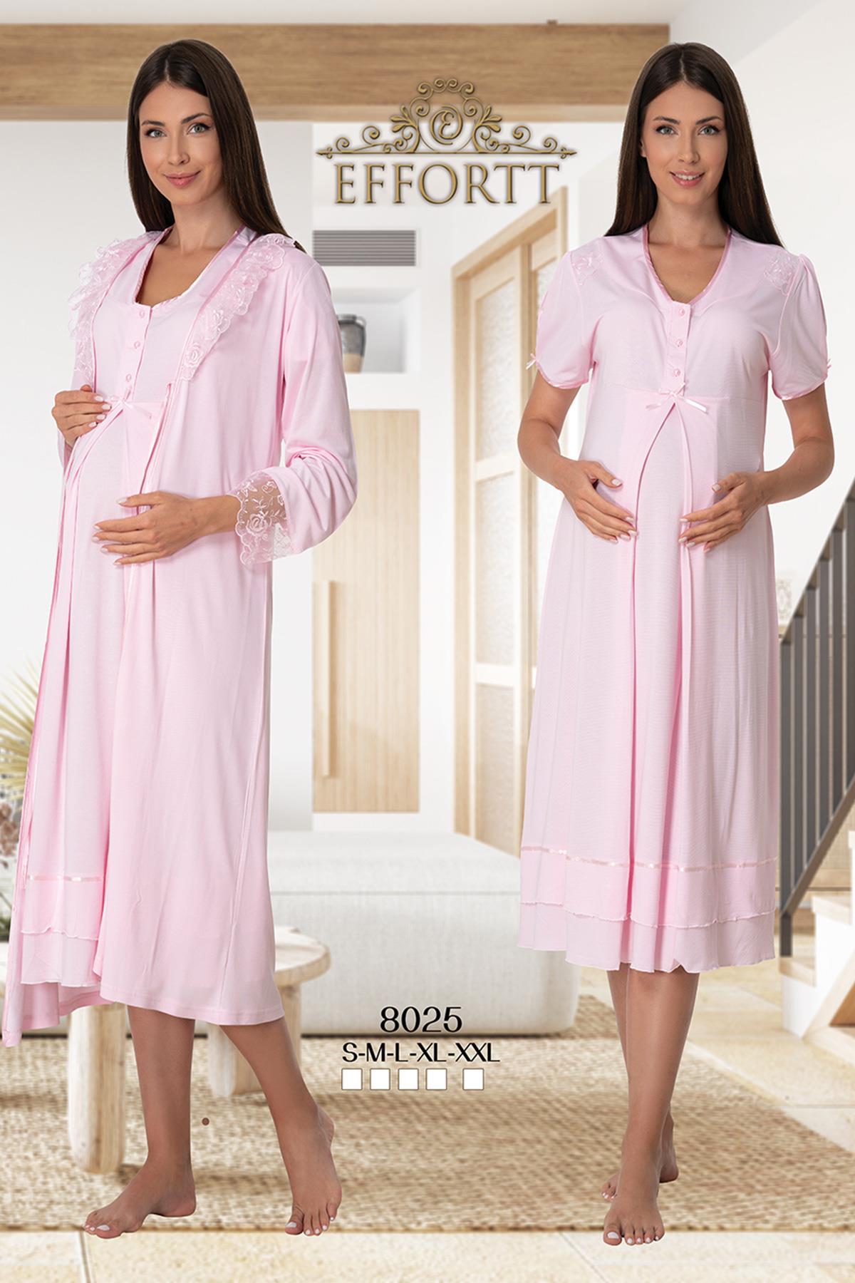 Effortt 8025 Baby Pink Lace Detailed Maternity Nightgown and Robe Set