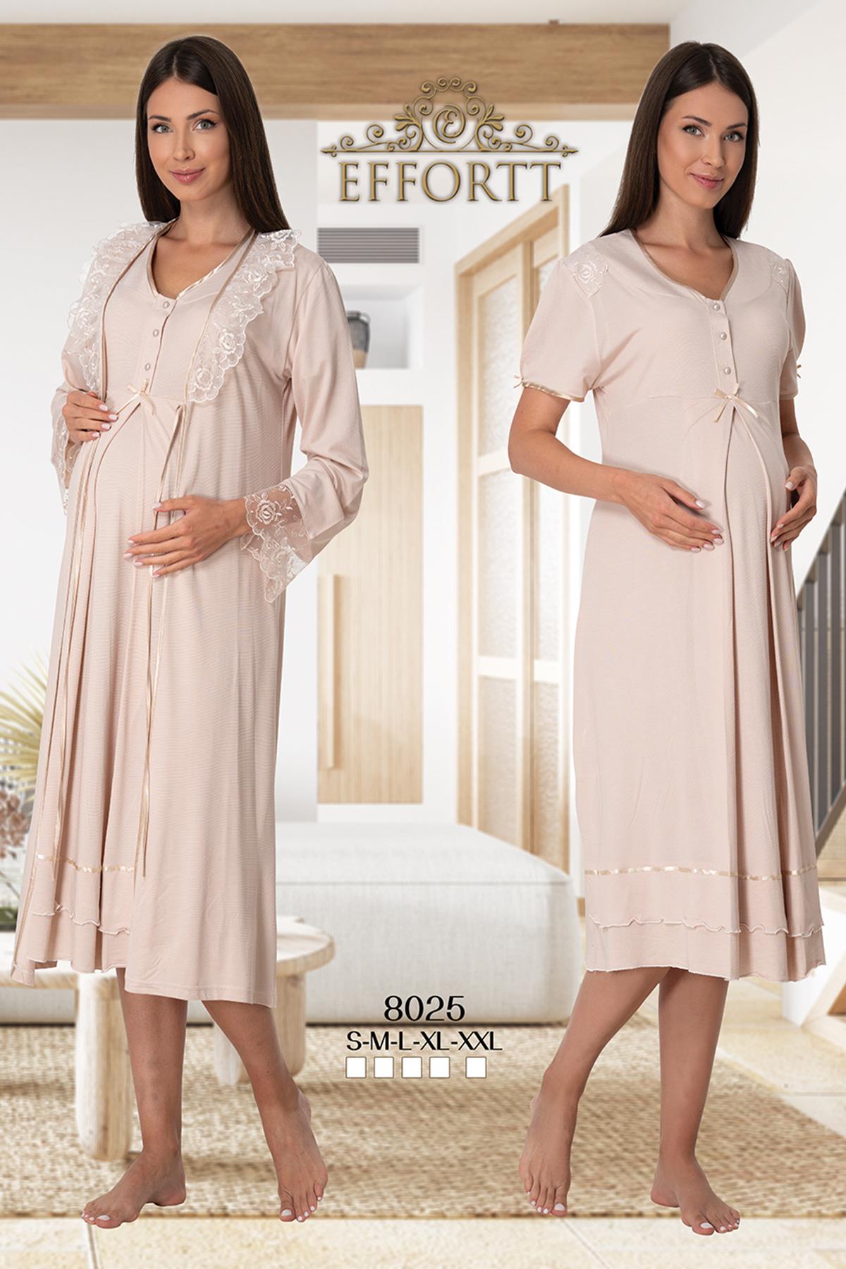 Effortt 8025 Milky Brown Lace Detailed Maternity Nightgown and Robe Set
