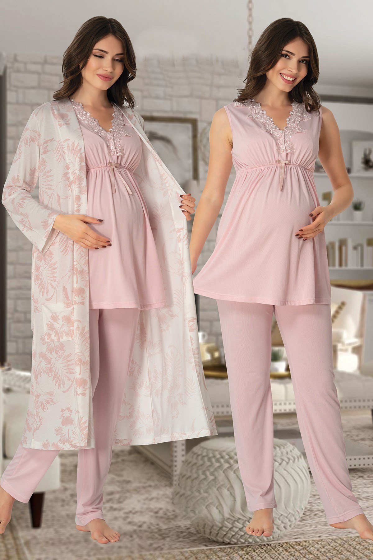 Effortt 8034 Pudra Desen Sabahlıklı Lohusa Pijama