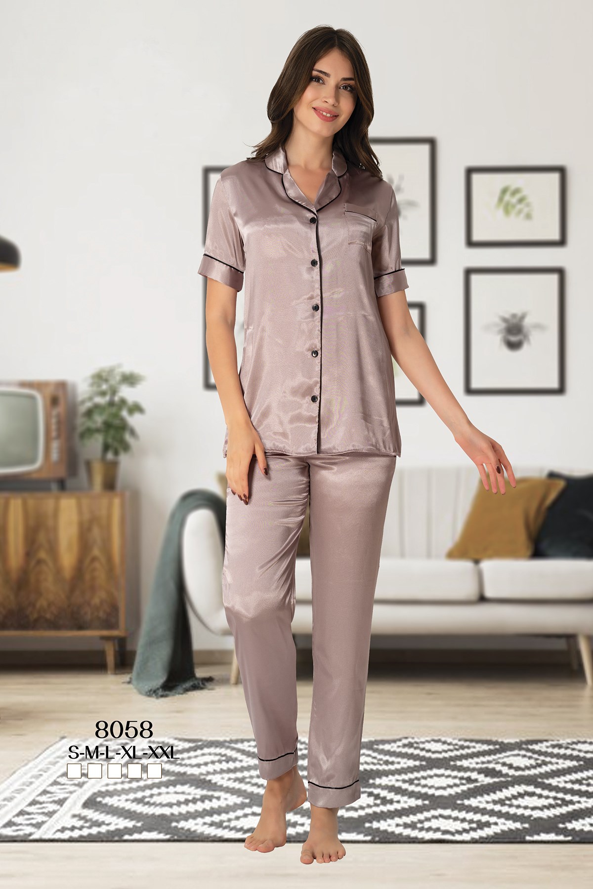 Effortt 8058 Önden Düğmeli Vizon Saten Lohusa Pijama