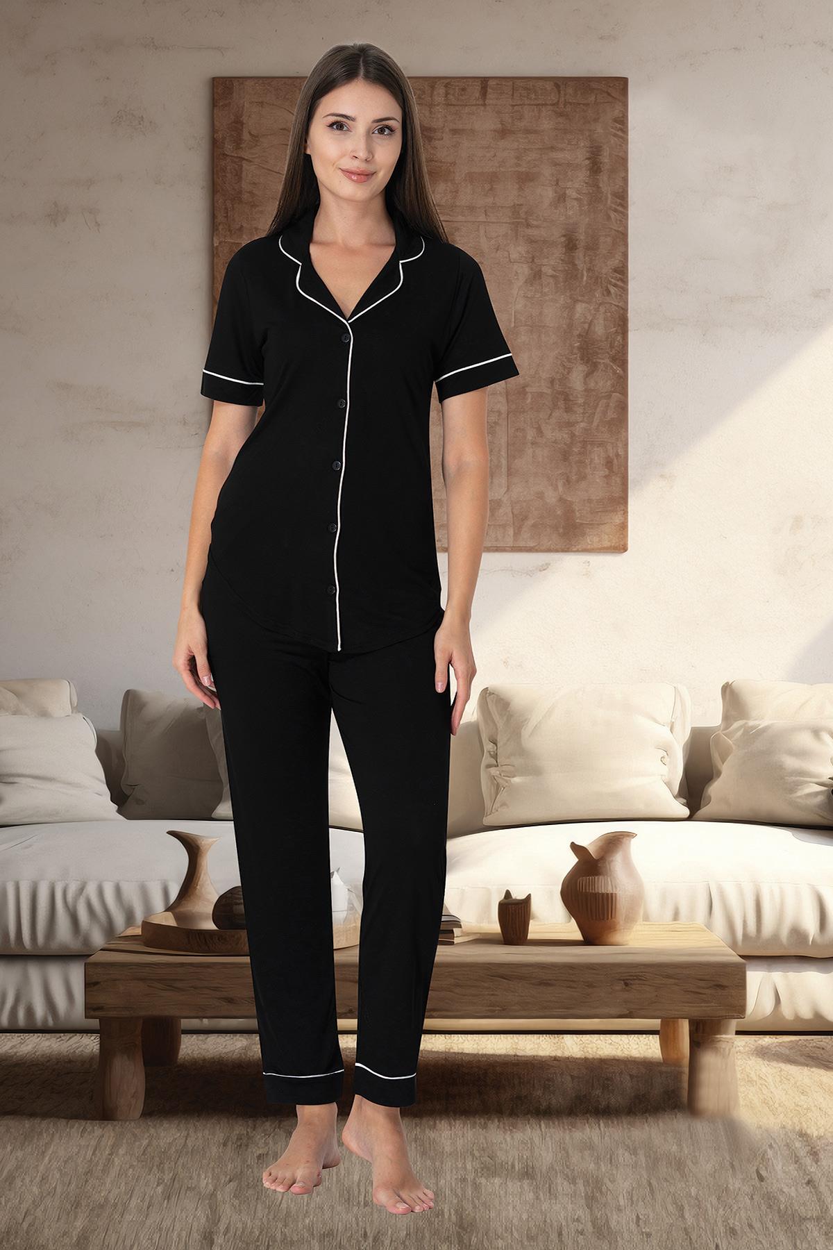 Effortt 8069 Black Short Sleeved Front Buttoned Pajama