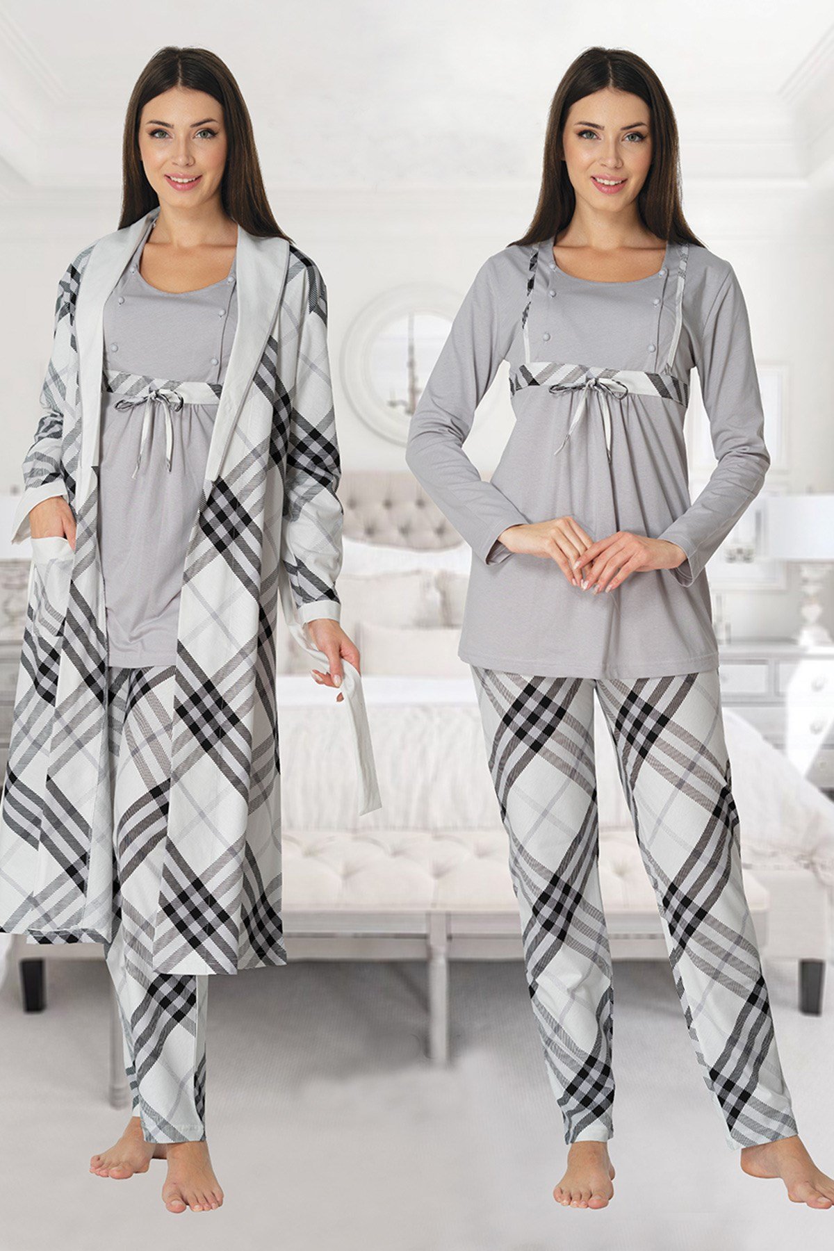 Effortt 8084 Gri Check Sabahlıklı Lohusa Pijama