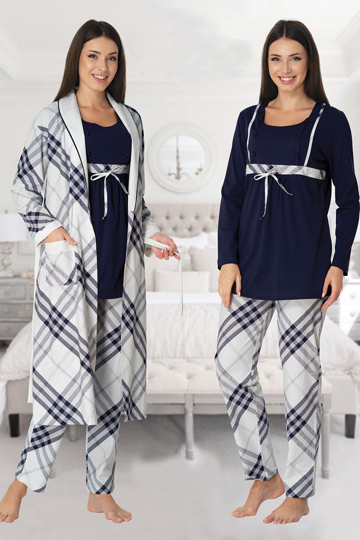 Effortt 8084 Lacivert Check Sabahlıklı Lohusa Pijama