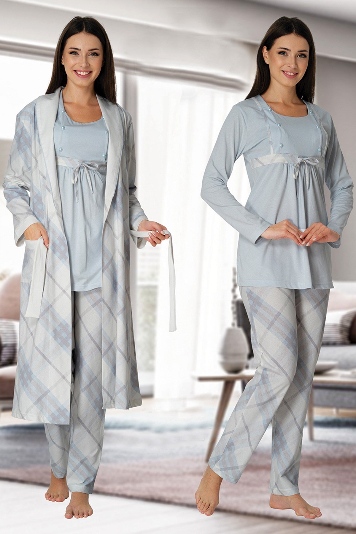 Effortt 8084 Mavi Check Sabahlıklı Lohusa Pijama