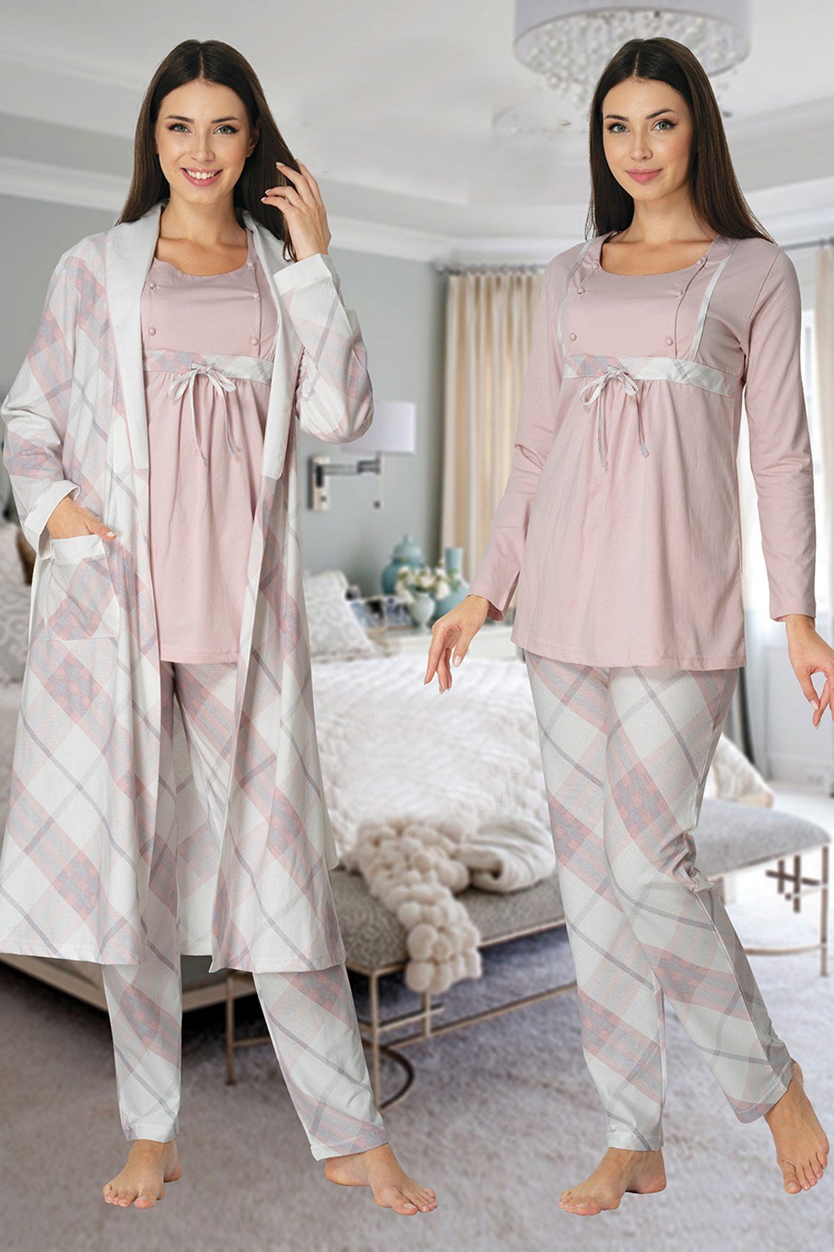 Effortt 8084 Pudra Check Sabahlıklı Lohusa Pijama