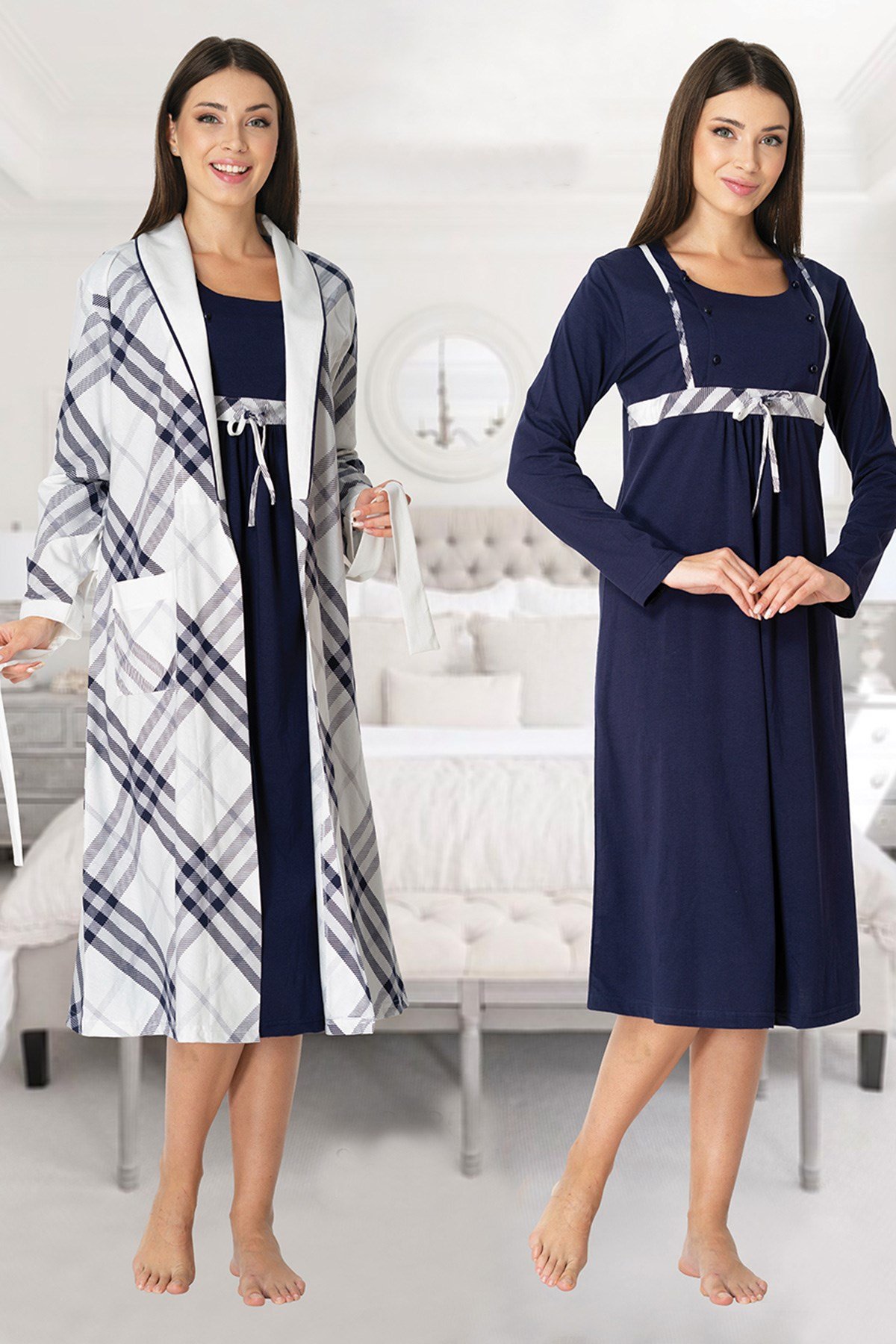 Effortt 8085 Lacivert Check Sabahlıklı Lohusa Gecelik Takımları