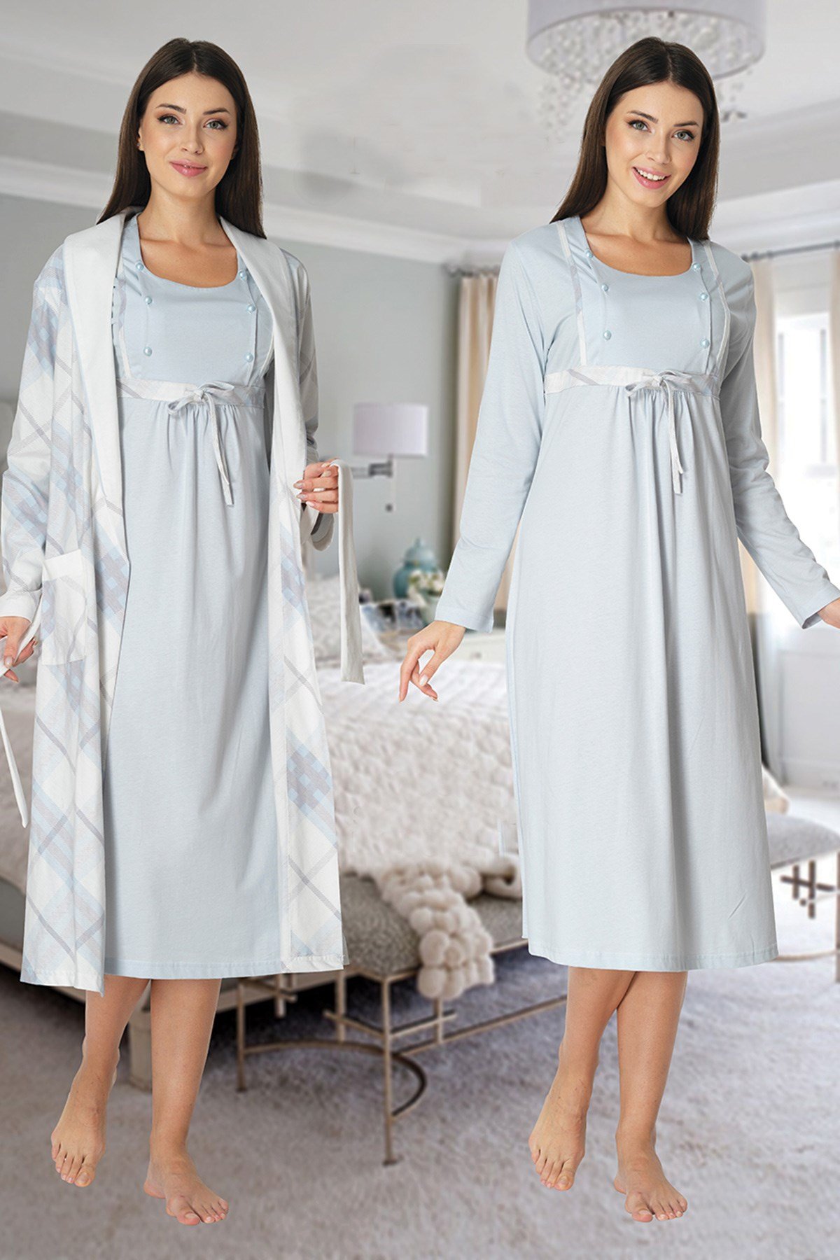 Effortt 8085 Mavi Check Sabahlıklı Lohusa Gecelik Takımları