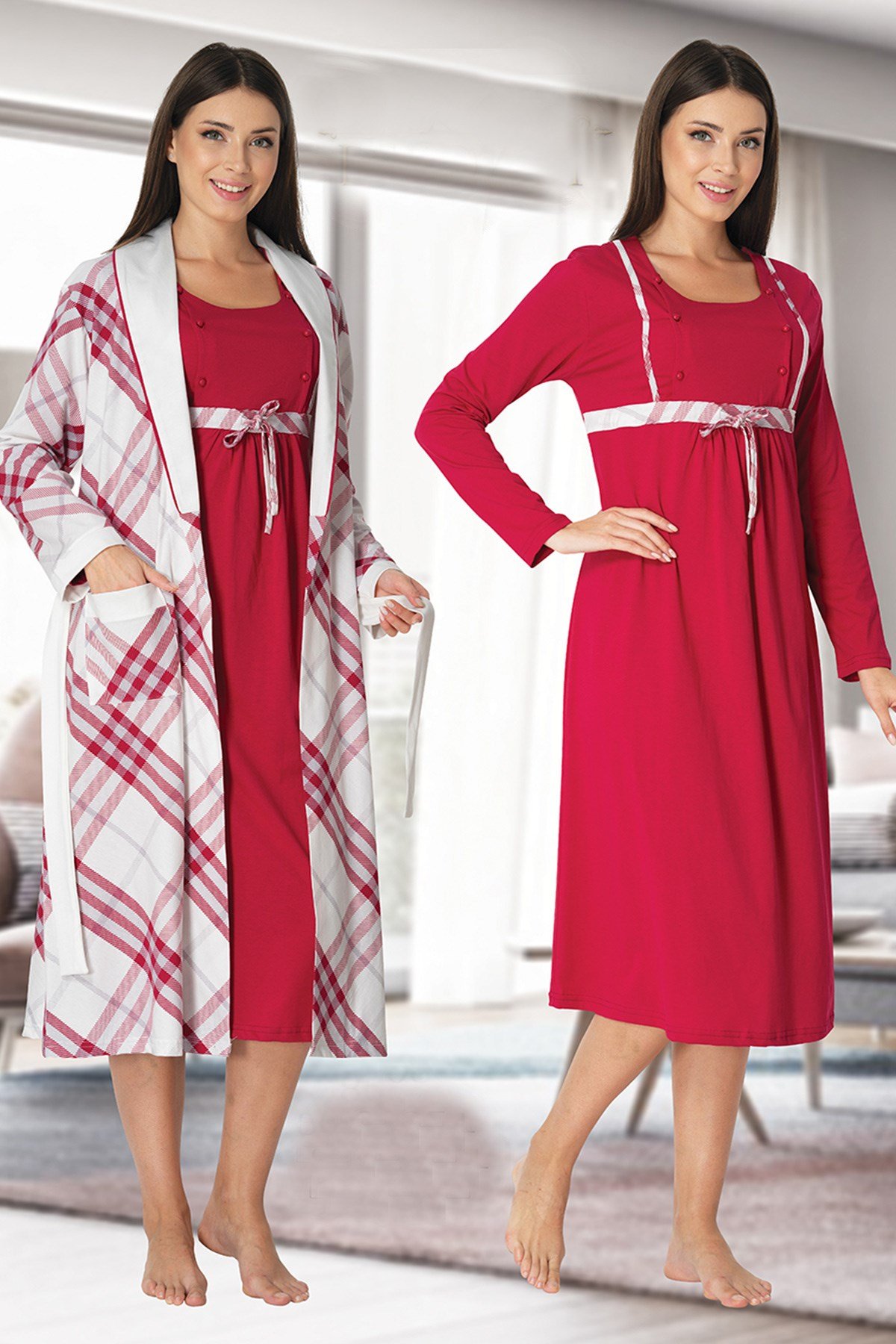 Effortt 8085 Vişne Check Sabahlıklı Lohusa Gecelik Takımları