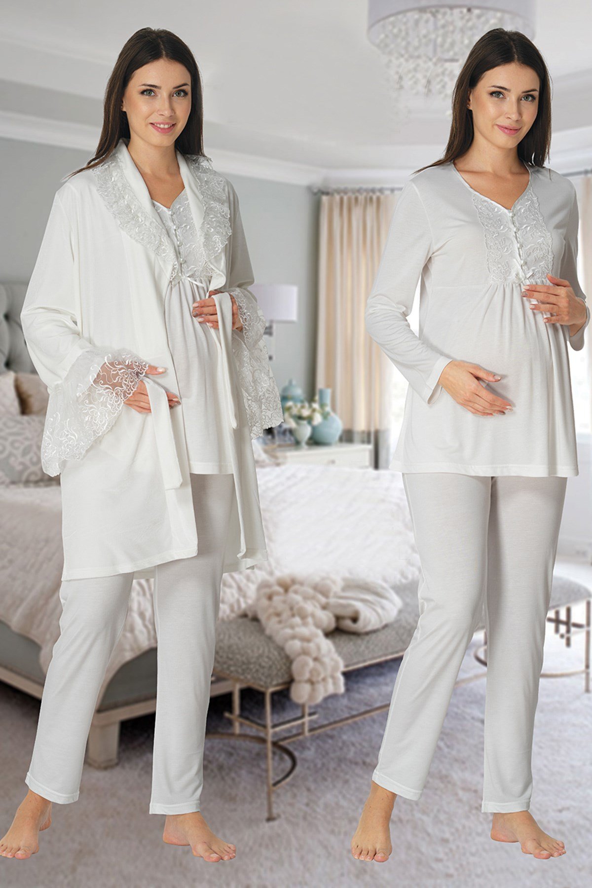 Effortt 8088 Ekru Kadife Sabahlıklı Dantelli Lohusa Pijama Takımı