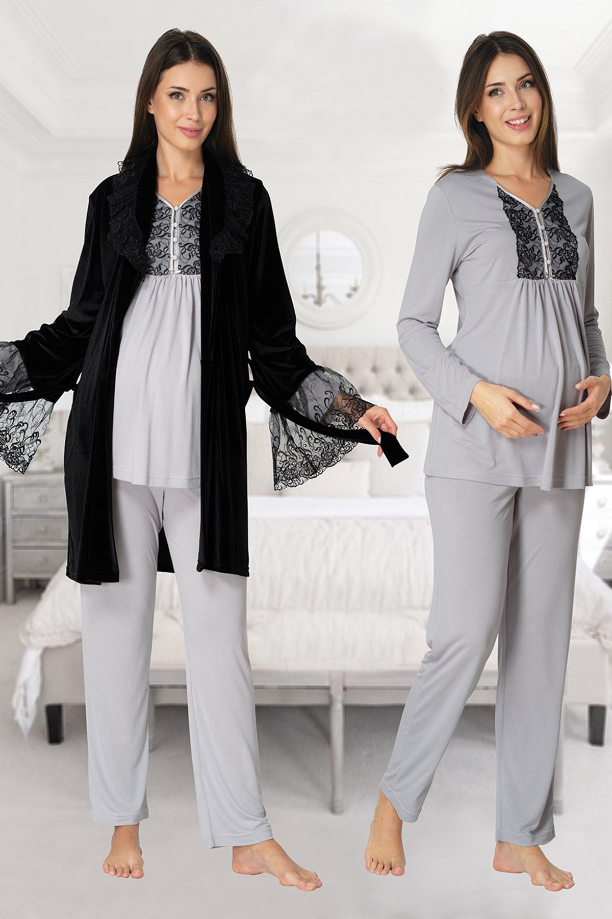 Effortt 8088 Siyah Kadife Sabahlıklı Dantelli Lohusa Pijama Takımı