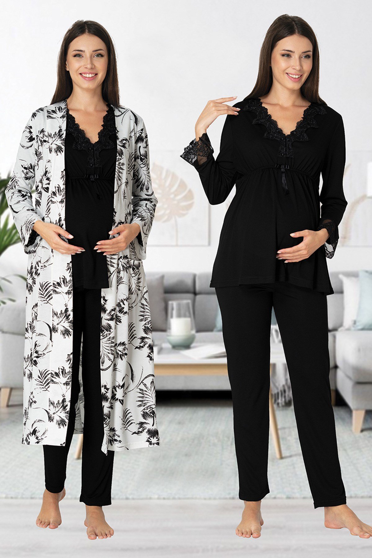 Effortt 8094 Siyah Desen Sabahlıklı Lohusa Pijama