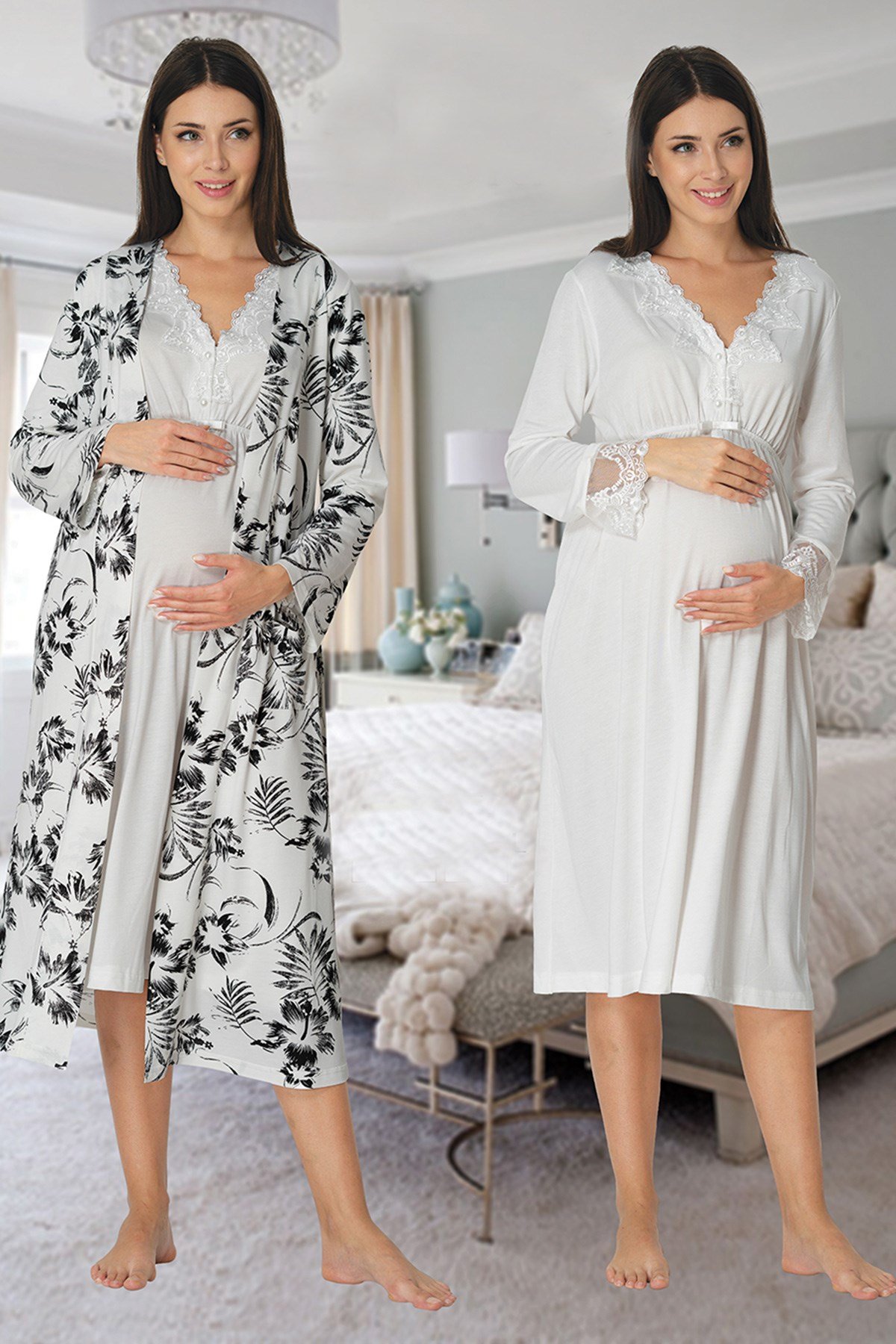 Effortt 8095 Ekru Desen Sabahlıklı Lohusa Gecelik