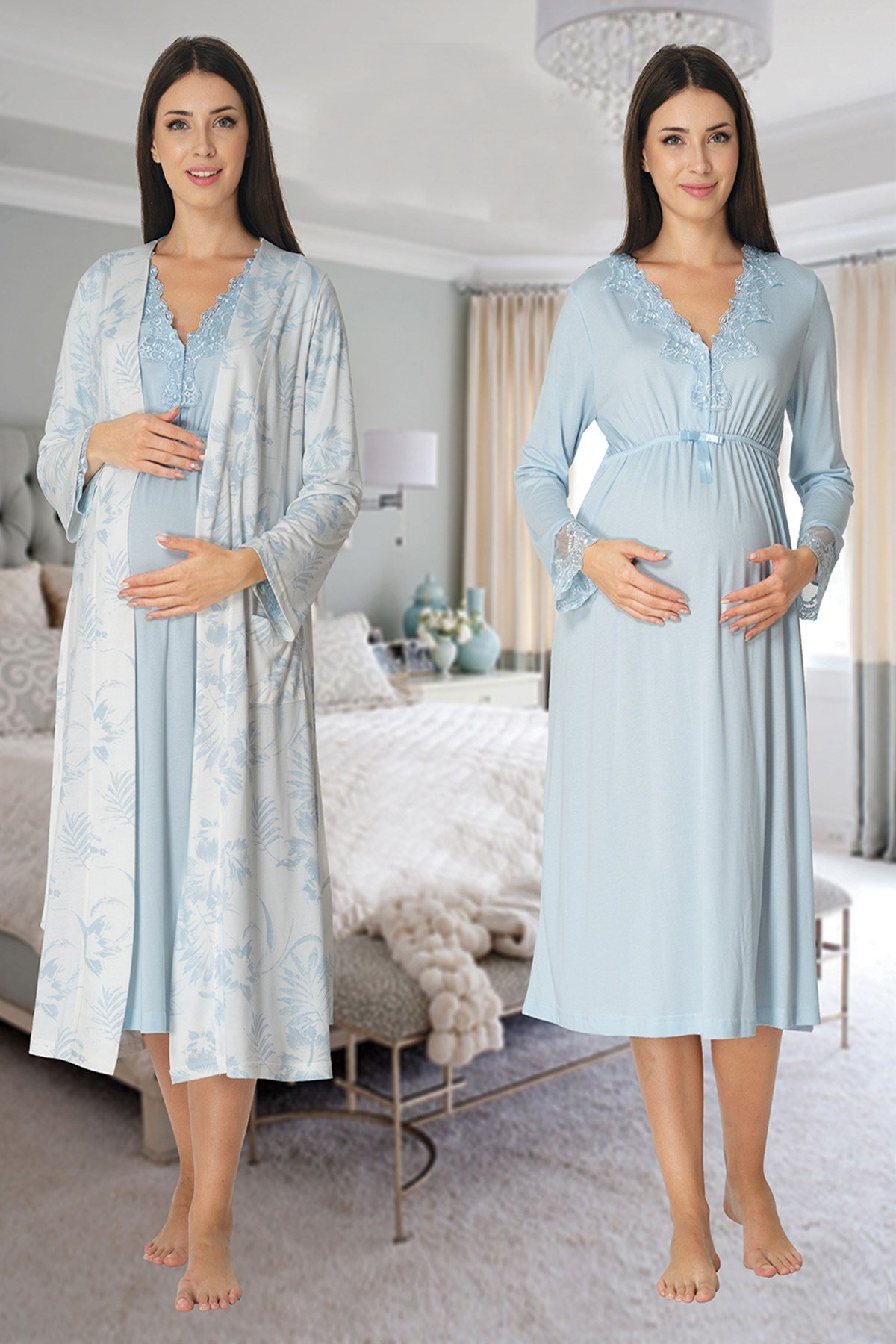 Effortt 8095 Mavi Desen Sabahlıklı Lohusa Gecelik