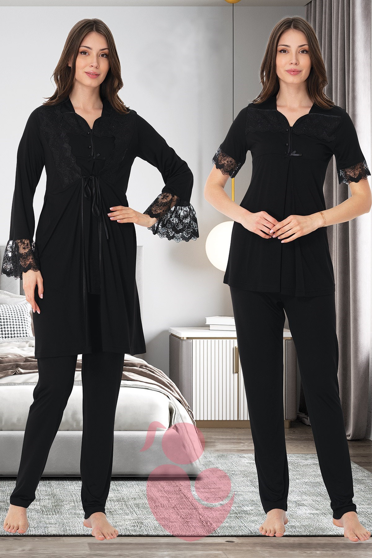 Effortt 9014 Pudra Kolları Dantel Detaylı Sabahlıklı Lohusa Pijama Takımı
