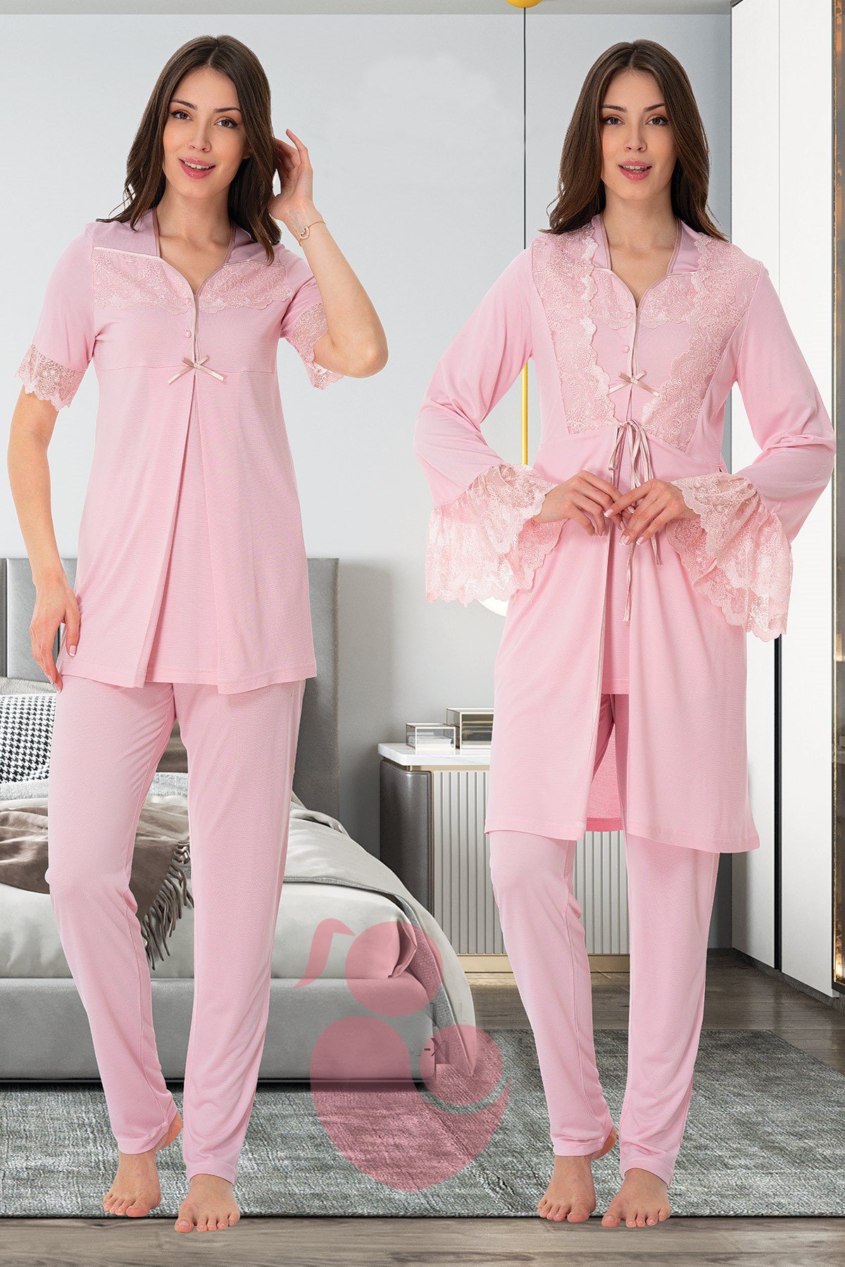 Effortt 9014 Pudra Kolları Dantel Detaylı Sabahlıklı Lohusa Pijama Takımı