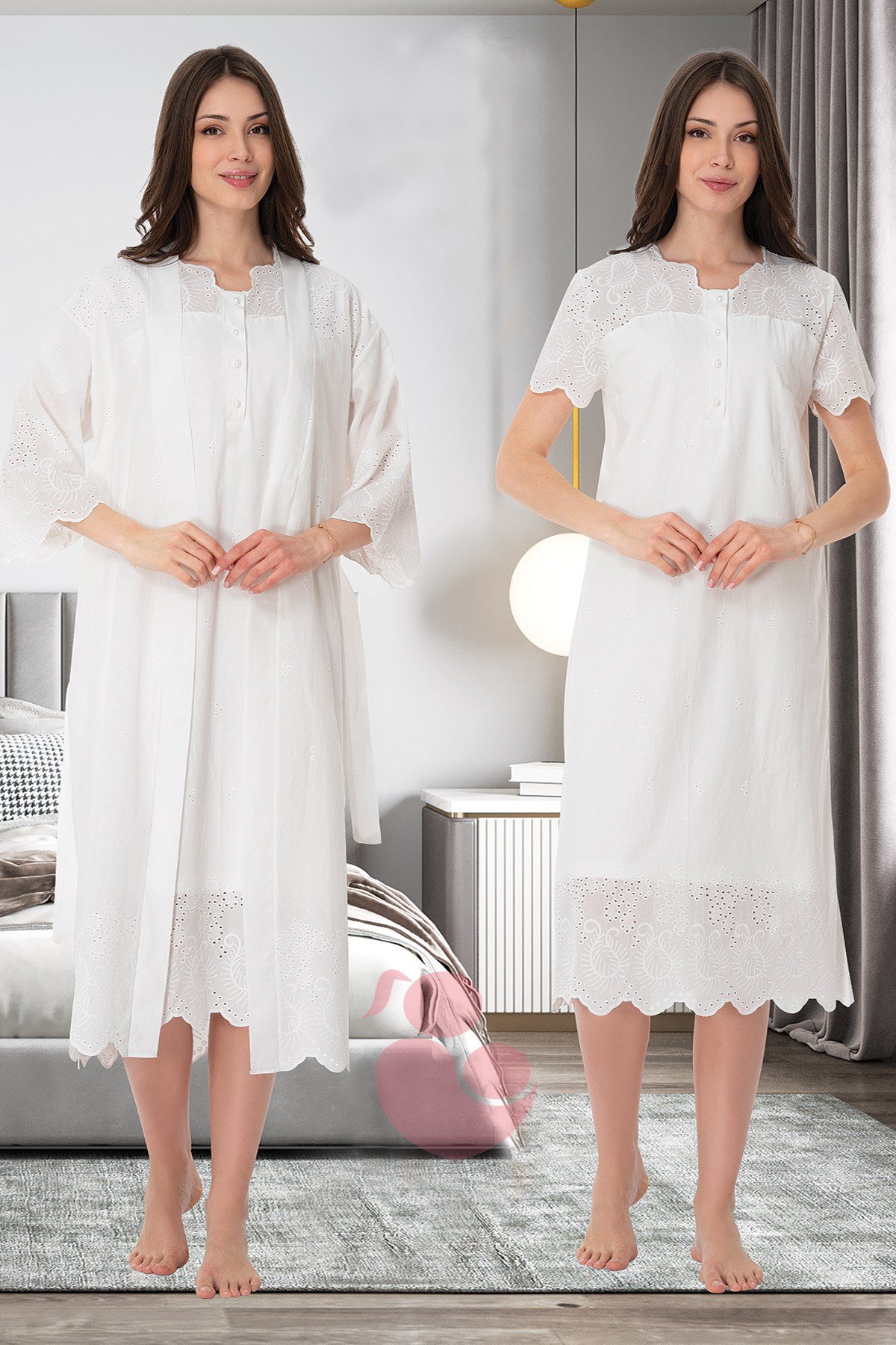 Effortt 9020 Ekru Sabahlıklı Gecelik Takımı