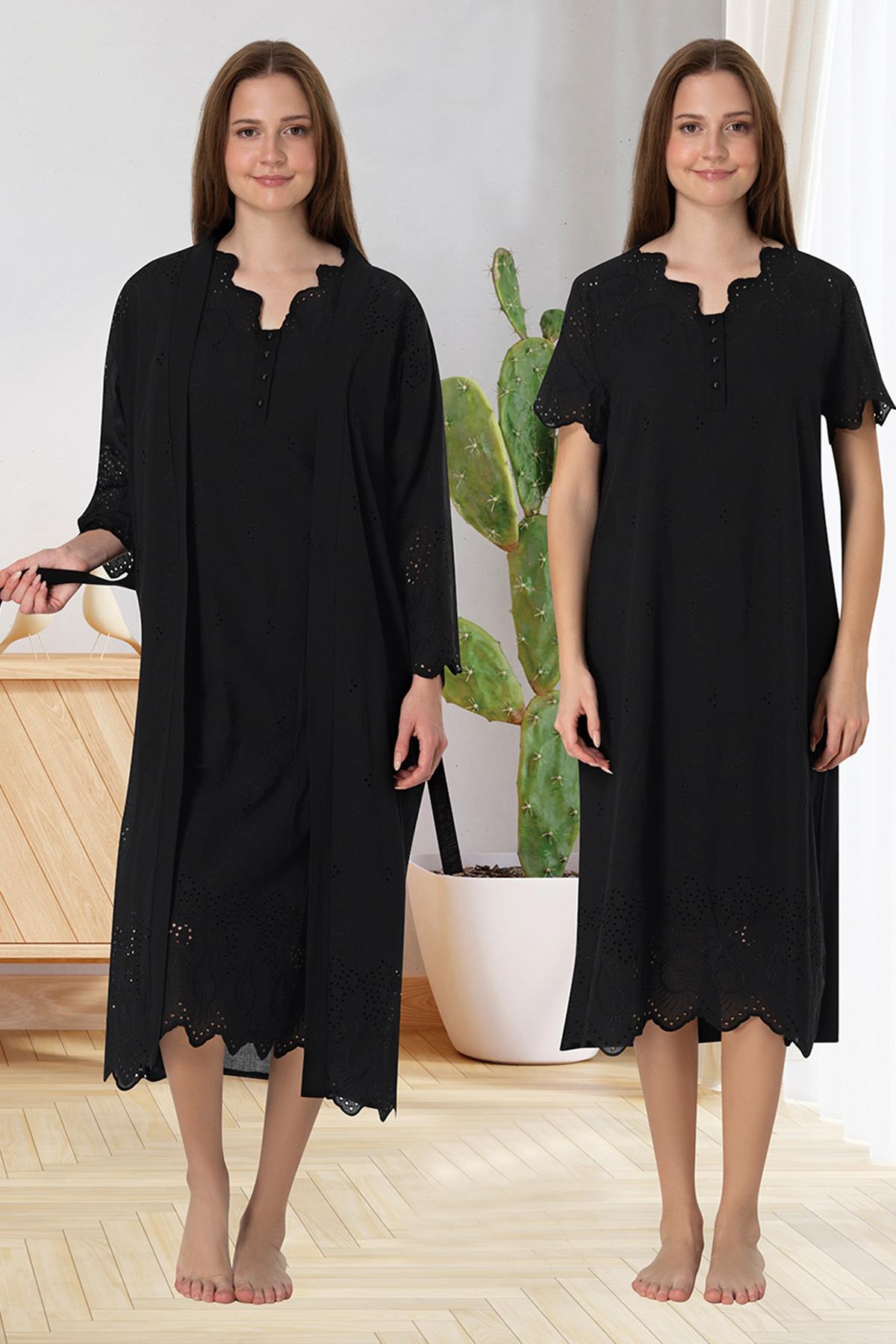 Effortt 9020 Siyah Fistolu Pamuk Astarlı Sabahlıklı Lohusa Gecelik Takımı