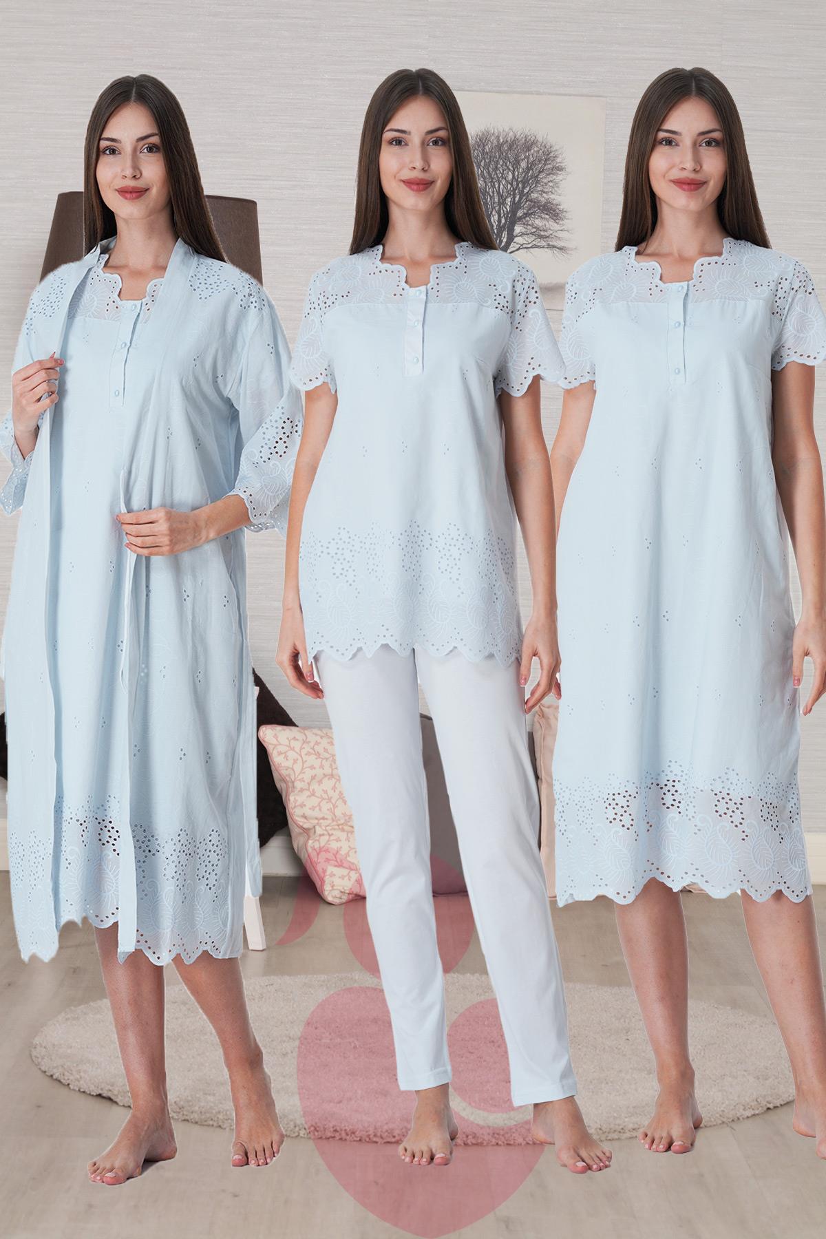 Effortt 9026 Mavi Fisto Detaylı Lohusa Hamile 4lü Set