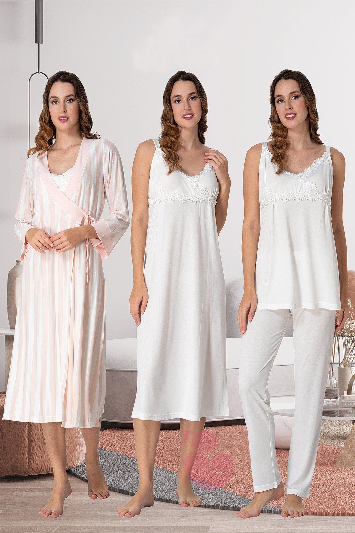 Effortt 9036 Ekru Çizgili Sabahlıklı Lohusa 4lü Set