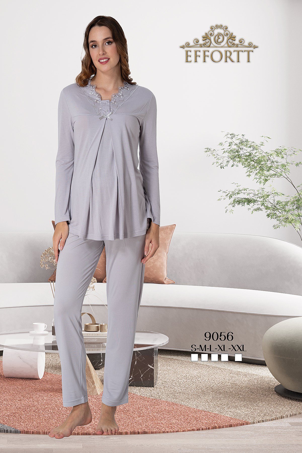 Effortt 9056 Gri Dantel Detaylı Lohusa Pijama Takımı
