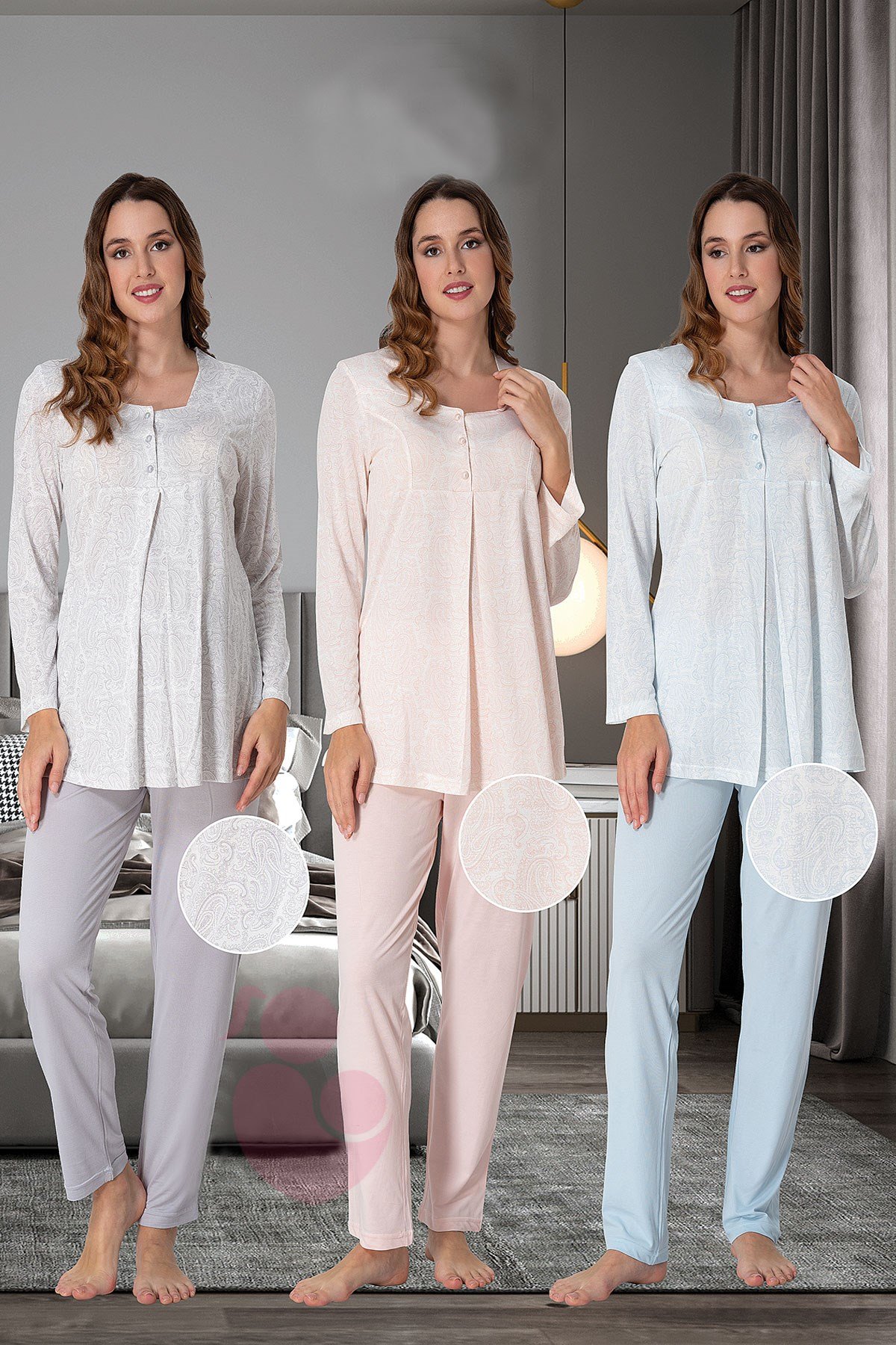 Effortt 9072 Desen Detaylı Lohusa Pijama Takımı