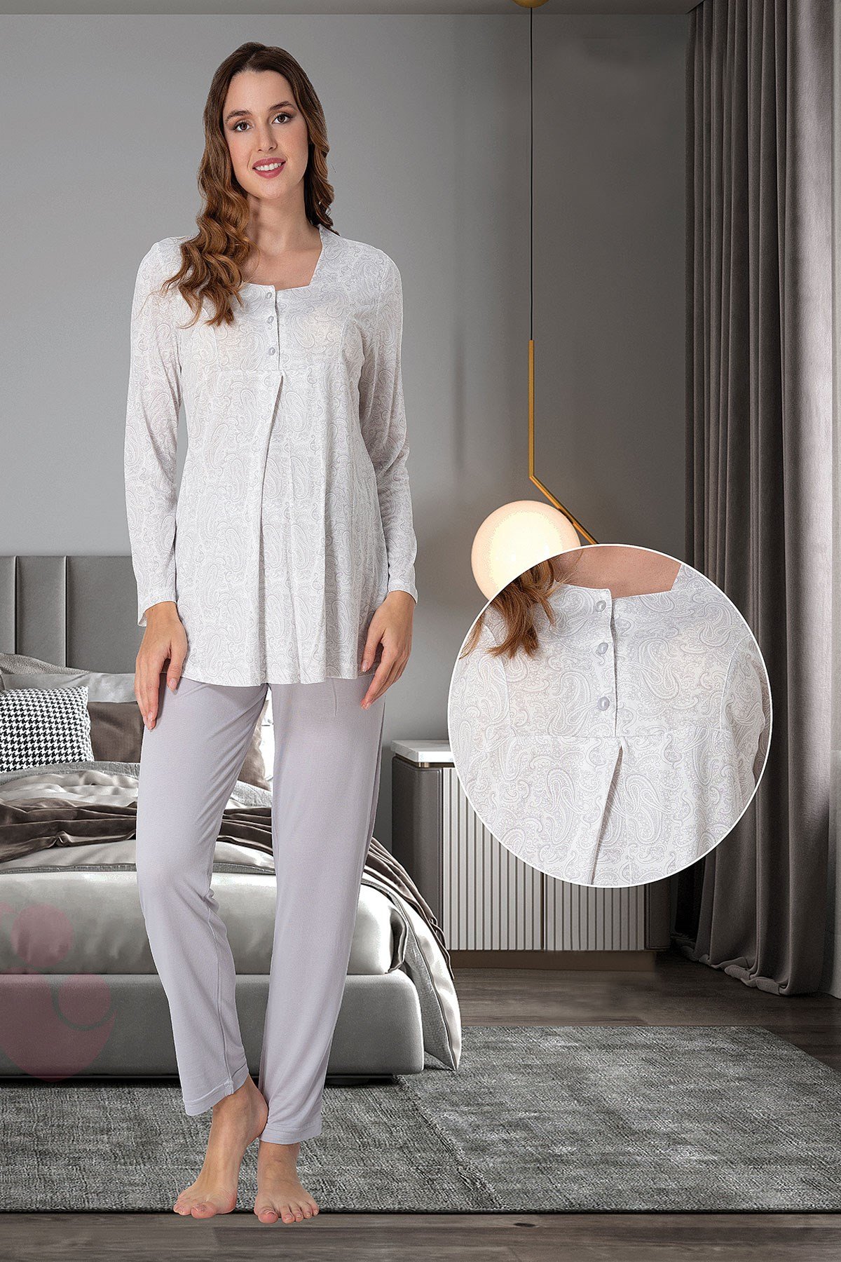 Effortt 9072 Gri Desen Detaylı Lohusa Pijama Takımı