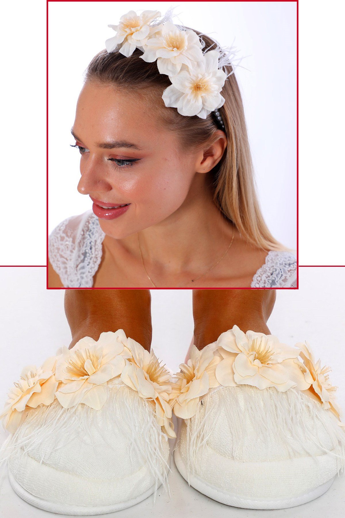 Ekru Tüylü Lohusa tac ve Lohusa Terlik Seti