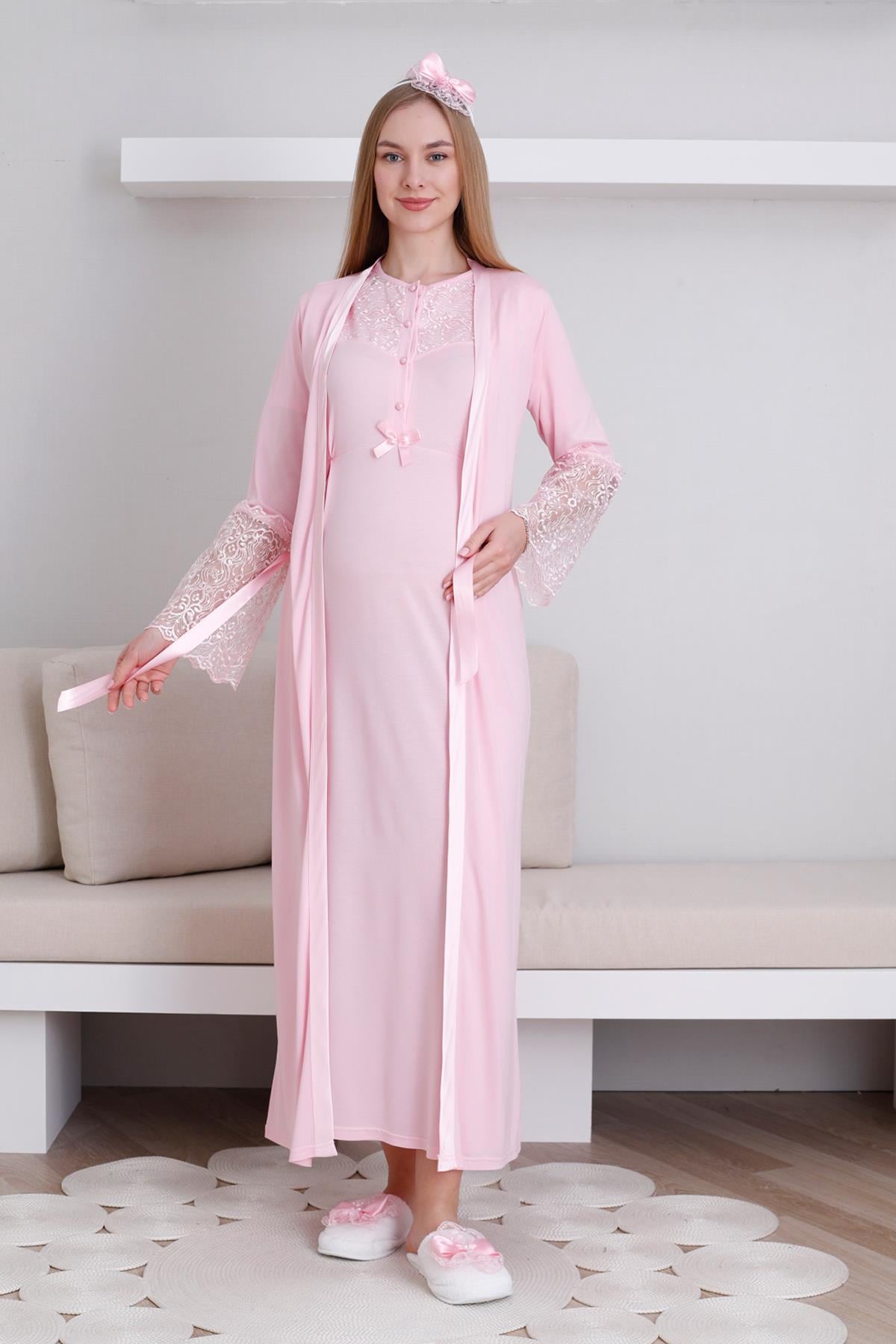Erdeniz 2296 Pembe Dantel Yaka Sabahlıklı Lohusa Gecelik Takımı