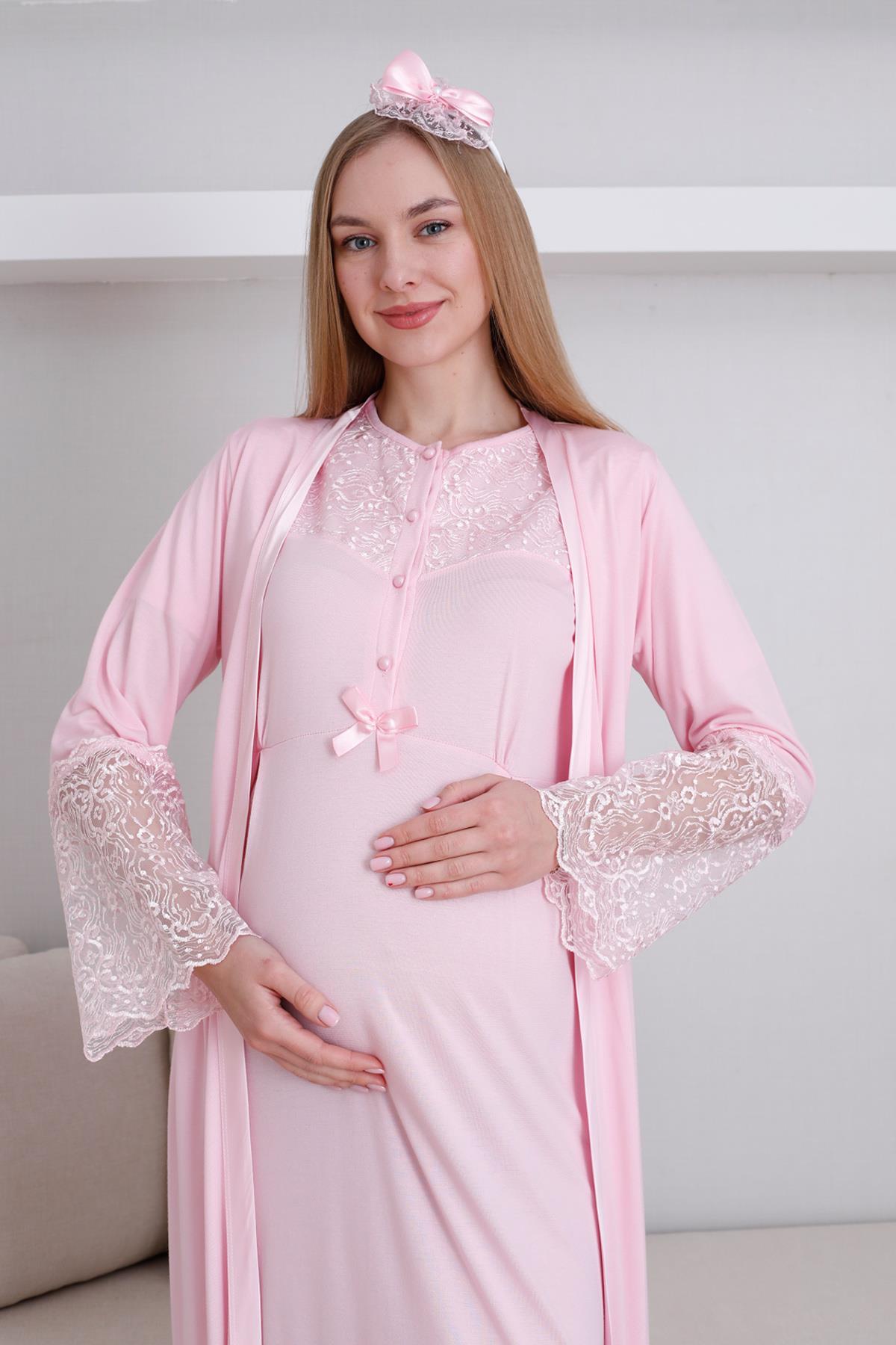 Erdeniz 2296 Pembe Dantel Yaka Sabahlıklı Lohusa Gecelik Takımı