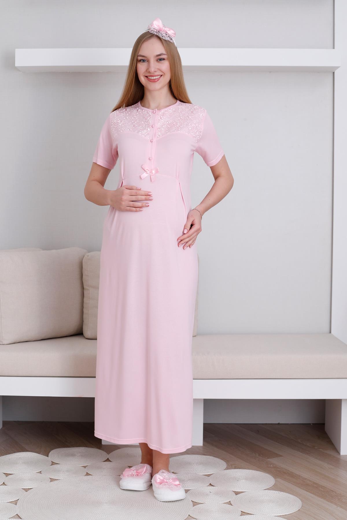 Erdeniz 2296 Pembe Dantel Yaka Sabahlıklı Lohusa Gecelik Takımı