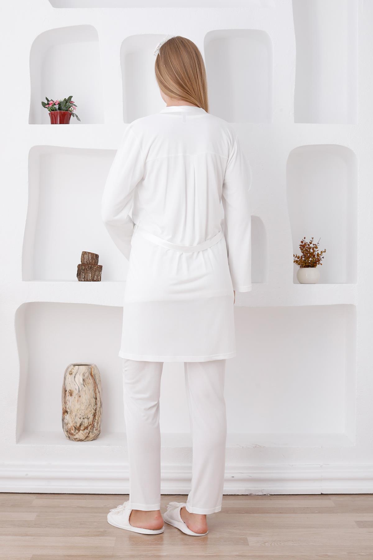 Erdeniz 3423 Ekru Dantel Sabahlıklı Lohusa Pijama Takımı