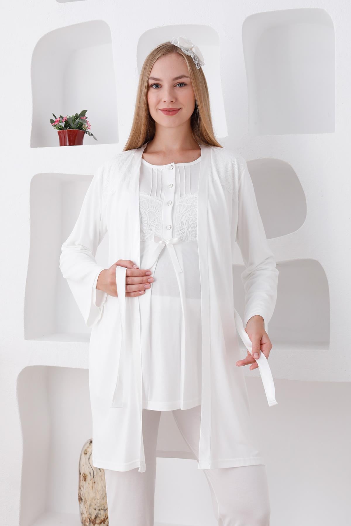 Erdeniz 3423 Ekru Dantel Sabahlıklı Lohusa Pijama Takımı