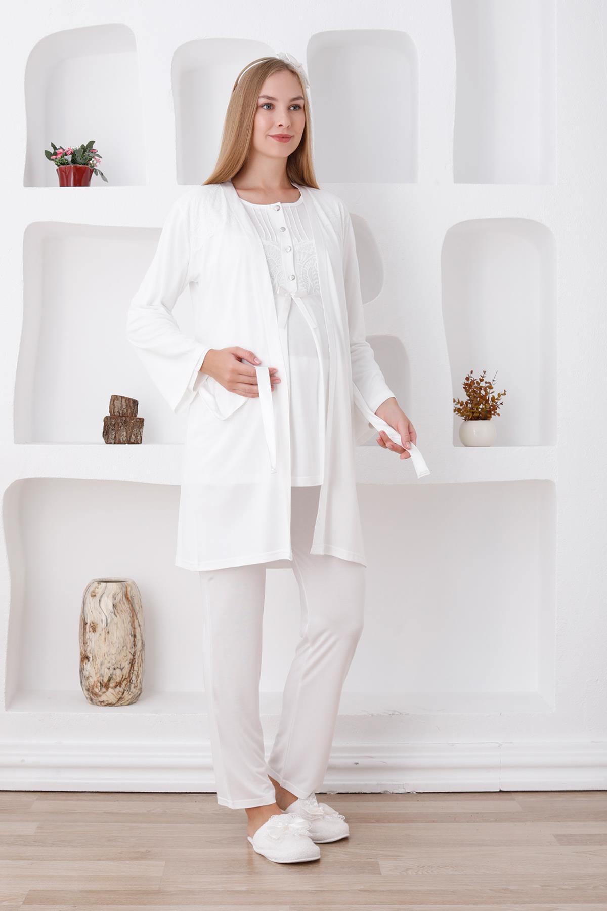 Erdeniz 3423 Ekru Dantel Sabahlıklı Lohusa Pijama Takımı