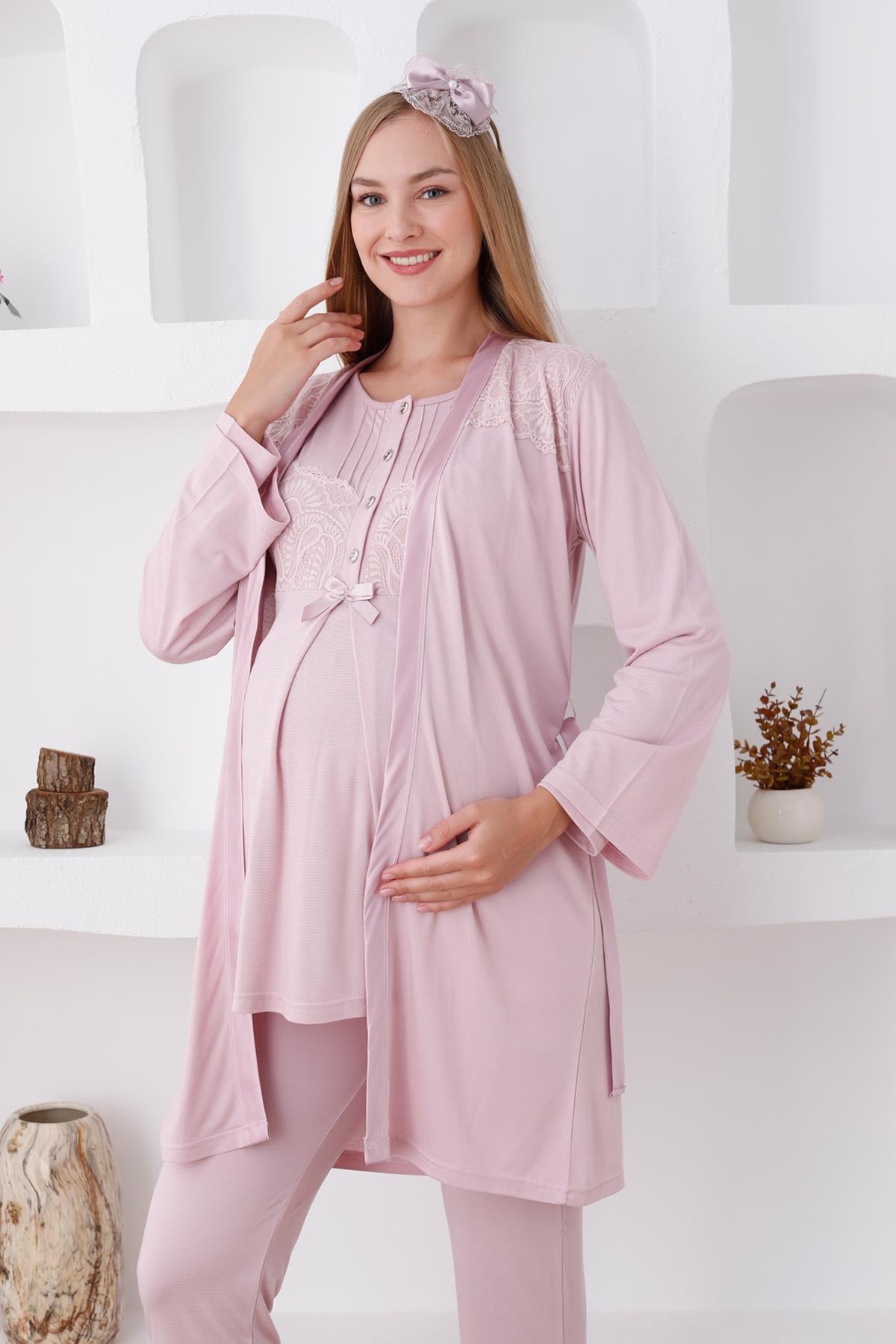 Erdeniz 3423 Pudra Dantel Sabahlıklı Lohusa Pijama Takımı
