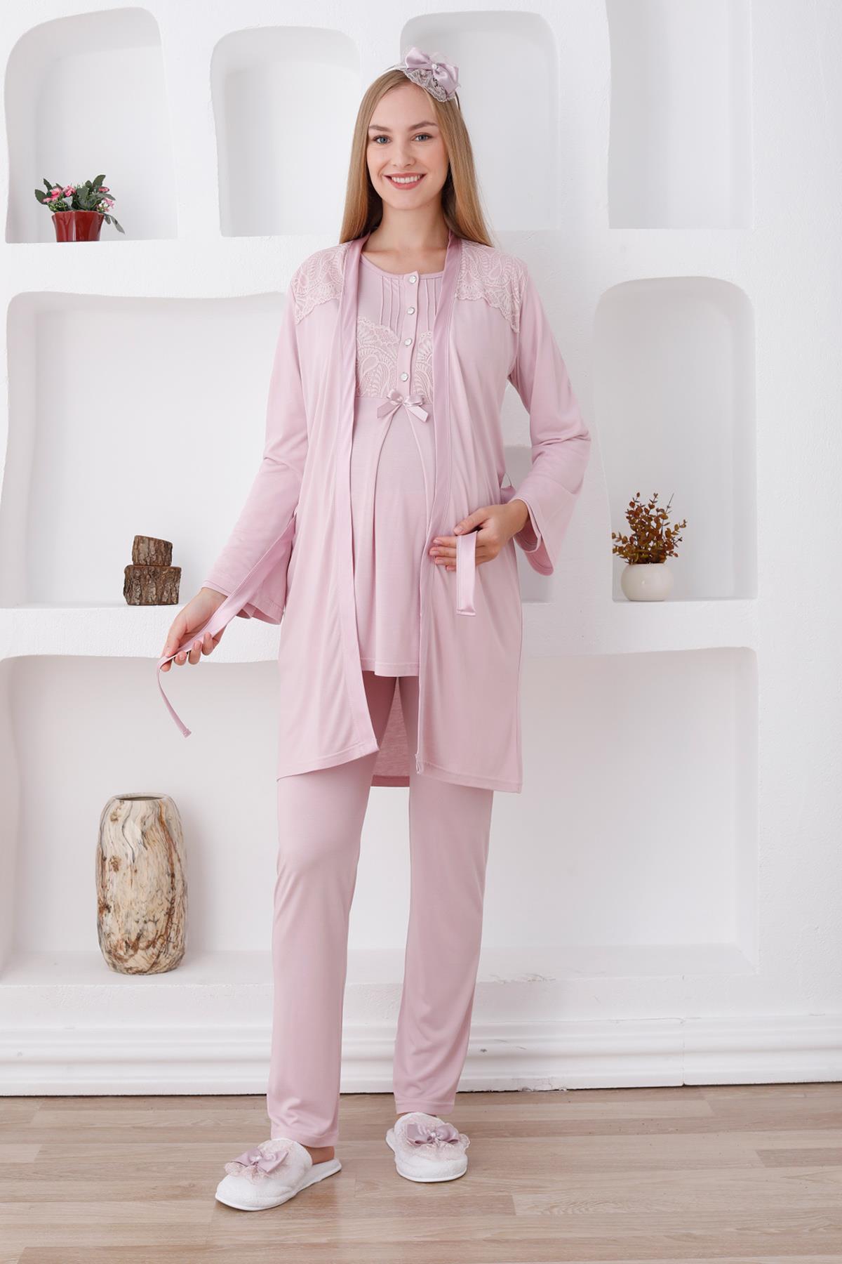 Erdeniz 3423 Pudra Dantel Sabahlıklı Lohusa Pijama Takımı