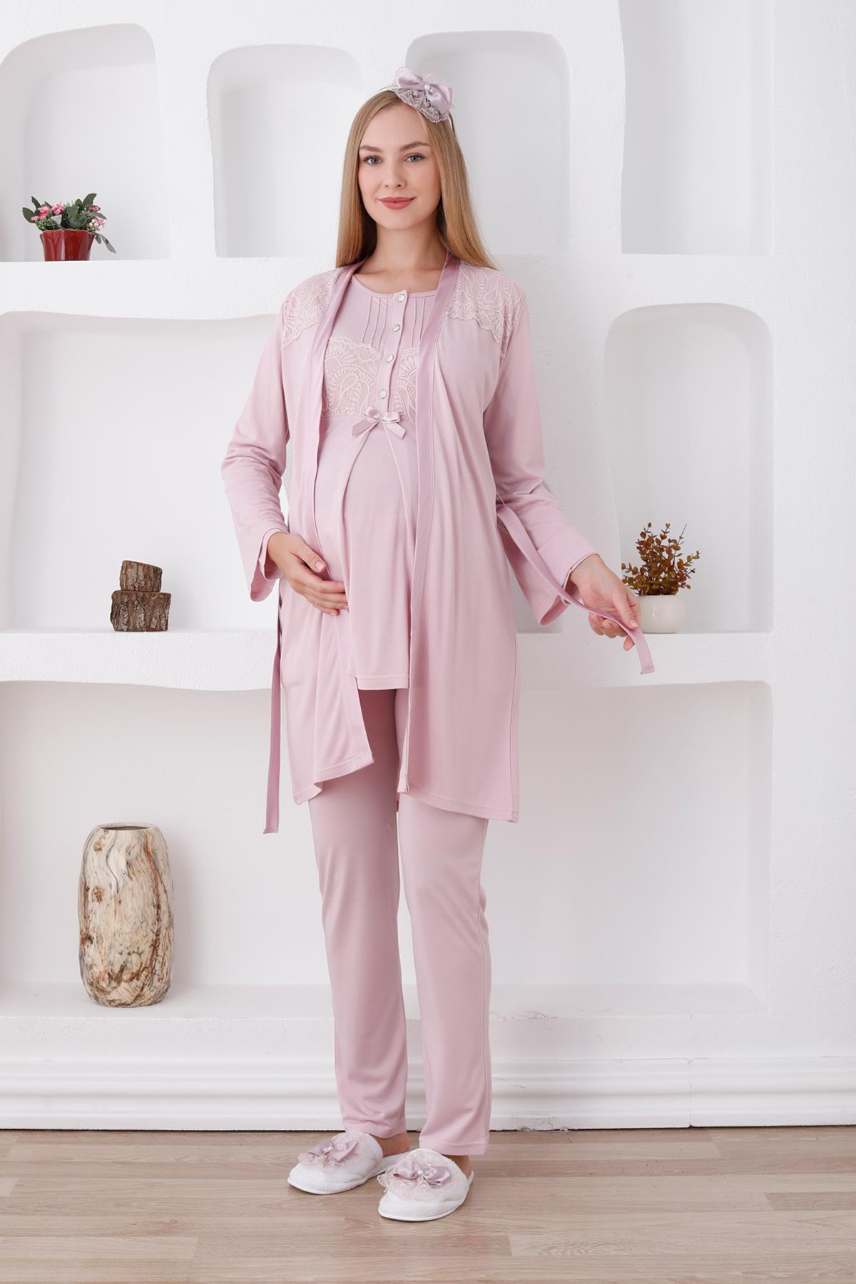 Erdeniz 3423 Pudra Dantel Sabahlıklı Lohusa Pijama Takımı