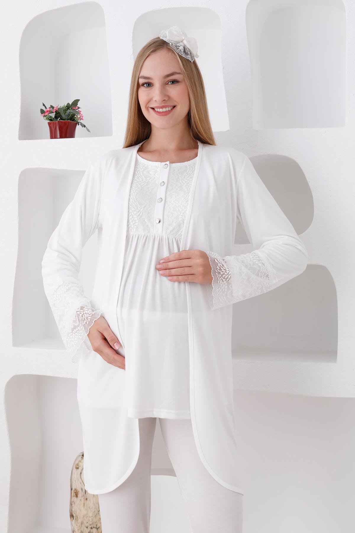 Erdeniz 3427 Ekru Dantel Sabahlıklı Lohusa Pijama Takımı