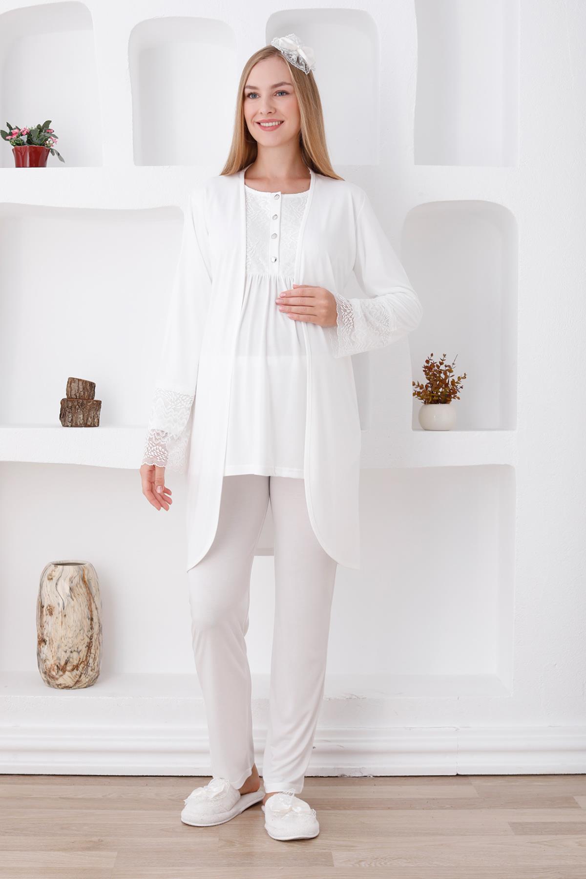 Erdeniz 3427 Ekru Dantel Sabahlıklı Lohusa Pijama Takımı