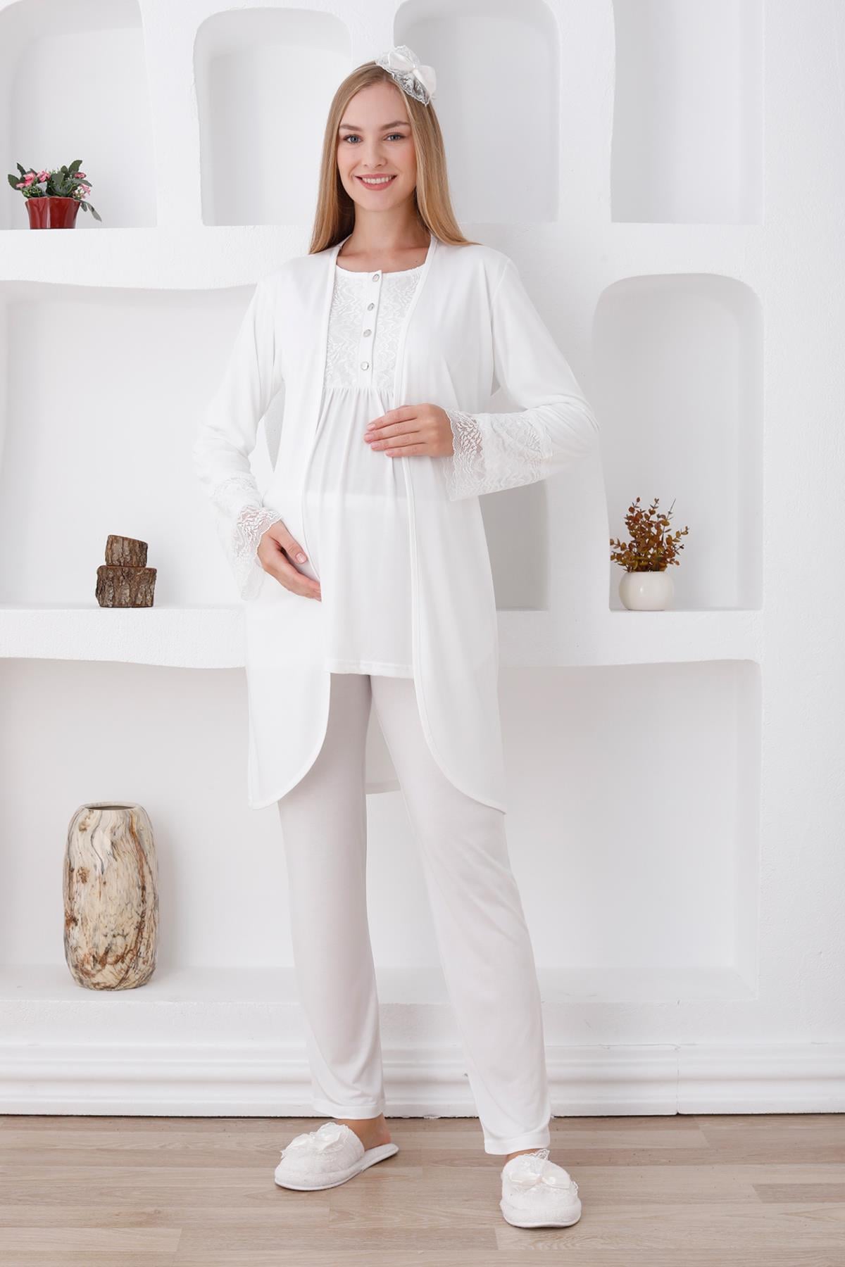 Erdeniz 3427 Ekru Dantel Sabahlıklı Lohusa Pijama Takımı