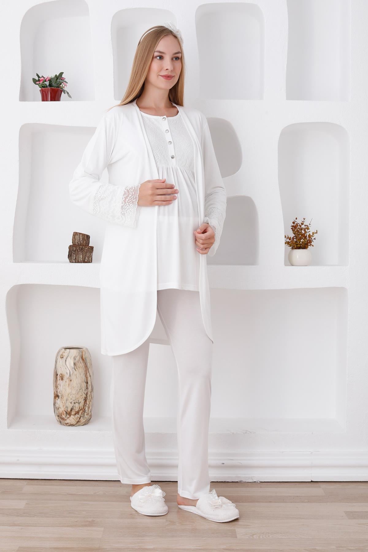 Erdeniz 3427 Ekru Dantel Sabahlıklı Lohusa Pijama Takımı