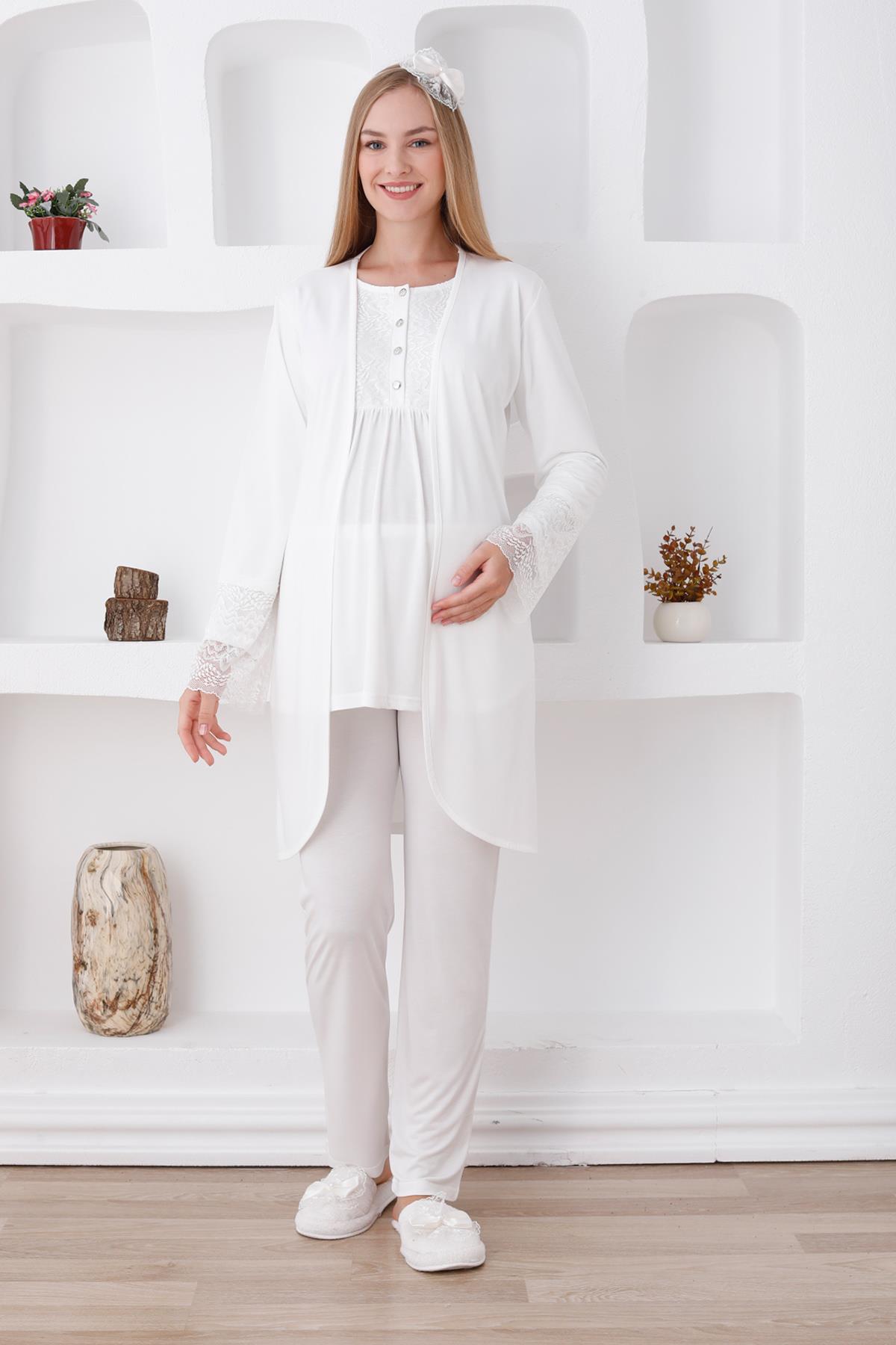 Erdeniz 3427 Ekru Dantel Sabahlıklı Lohusa Pijama Takımı