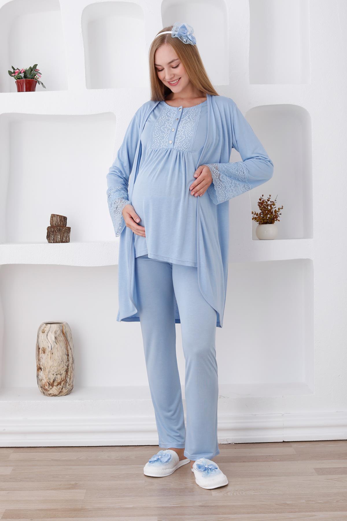Erdeniz 3427 Mavi Dantel Sabahlıklı Lohusa Pijama Takımı