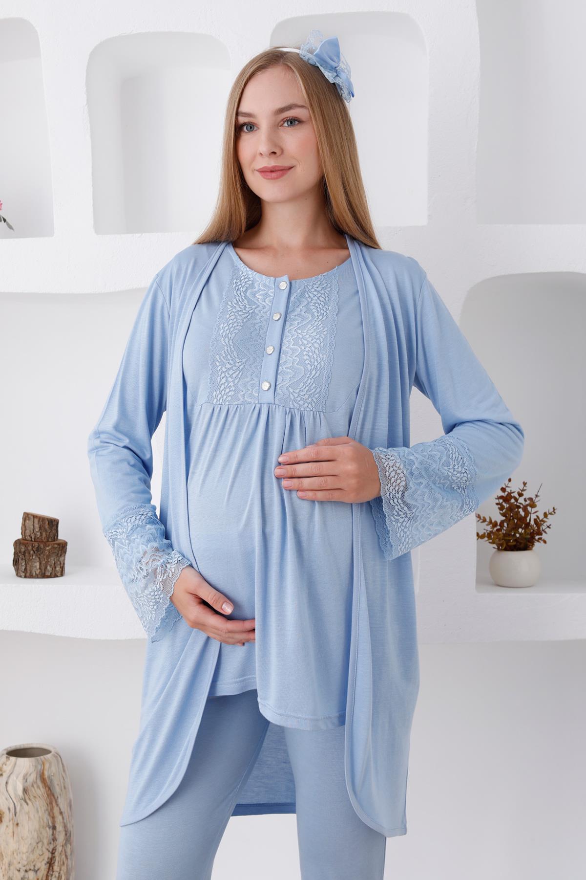 Erdeniz 3427 Mavi Dantel Sabahlıklı Lohusa Pijama Takımı