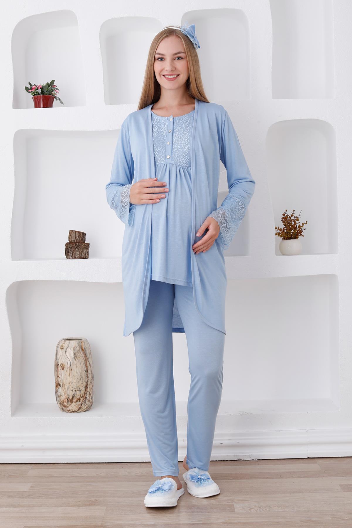 Erdeniz 3427 Mavi Dantel Sabahlıklı Lohusa Pijama Takımı
