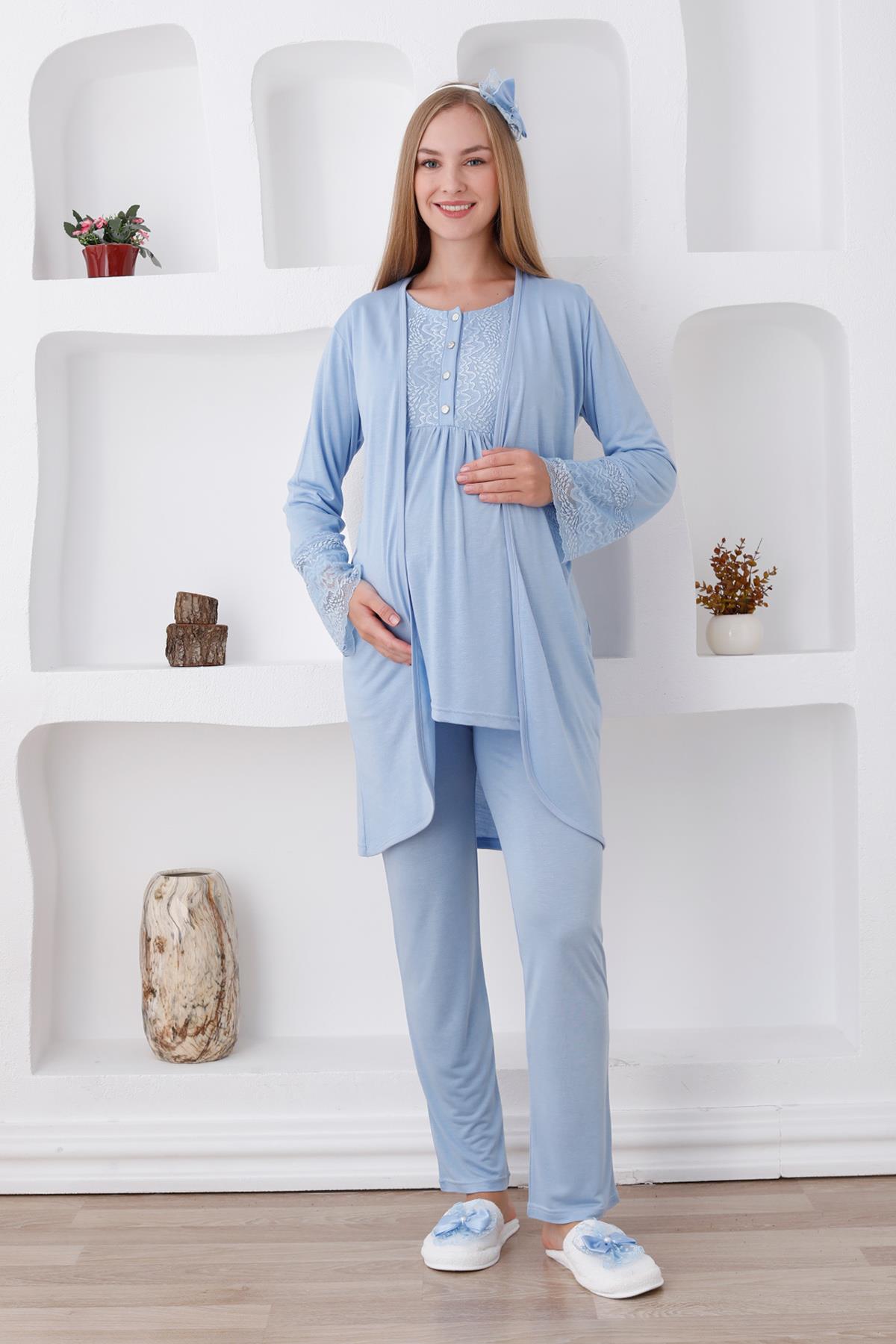 Erdeniz 3427 Mavi Dantel Sabahlıklı Lohusa Pijama Takımı