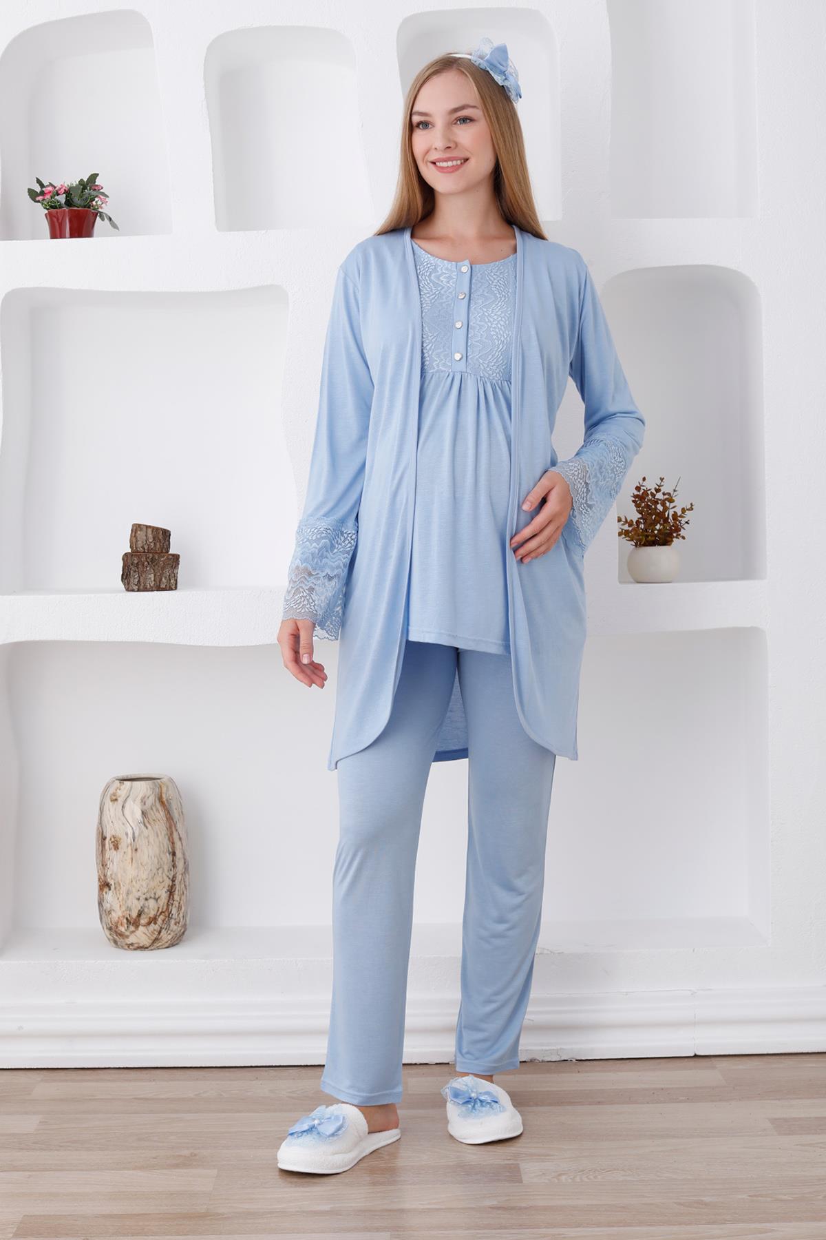 Erdeniz 3427 Mavi Dantel Sabahlıklı Lohusa Pijama Takımı