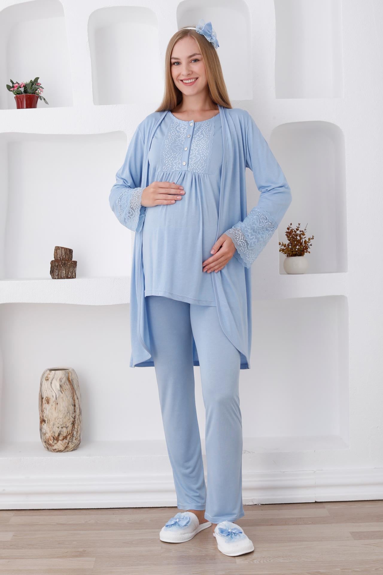 Erdeniz 3427 Mavi Dantel Sabahlıklı Lohusa Pijama Takımı