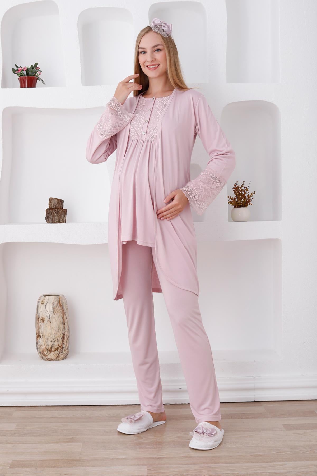 Erdeniz 3427 Pudra Dantel Sabahlıklı Lohusa Pijama Takımı