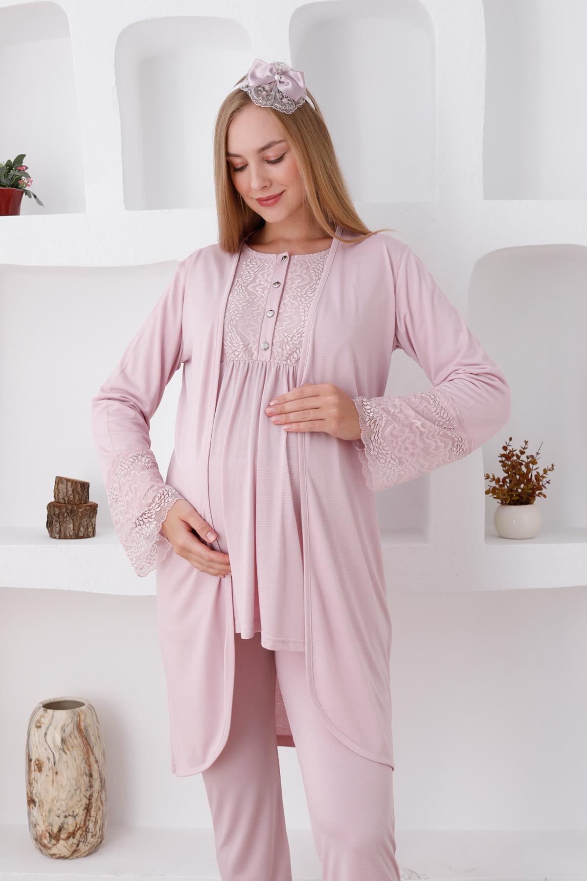 Erdeniz 3427 Pudra Dantel Sabahlıklı Lohusa Pijama Takımı